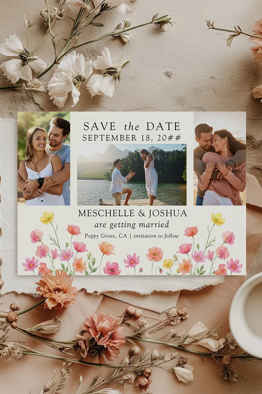 Wildflower bloom wedding save the date card with photos of the couple