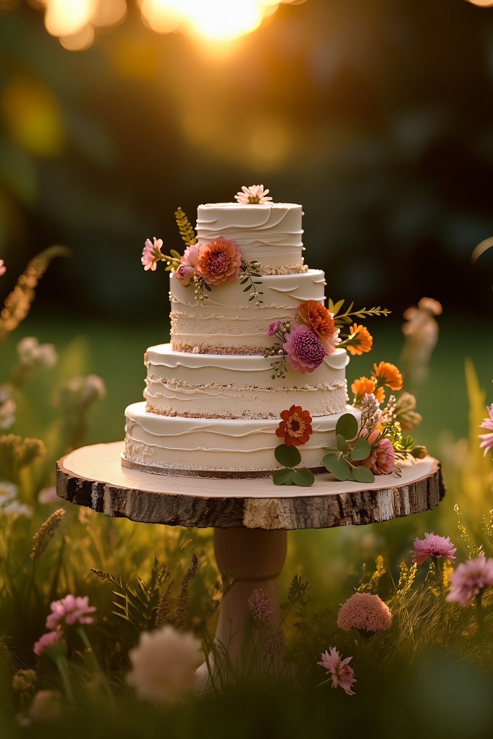 Lightly frosted wedding cake in a wildflower meadow