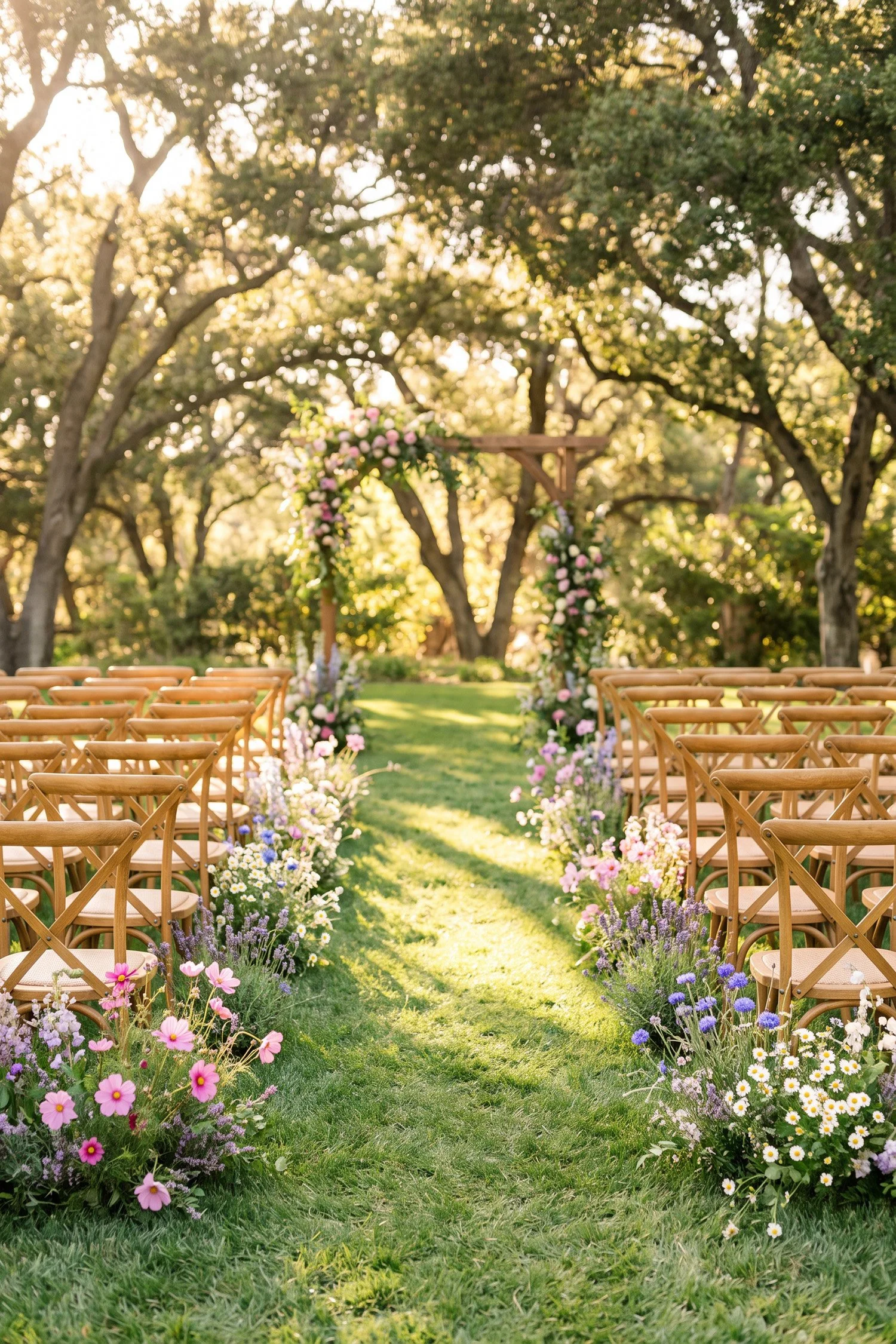 Fine-art editorial wedding photography of an outdoor garden ceremony aisle setup on a lush green lawn.