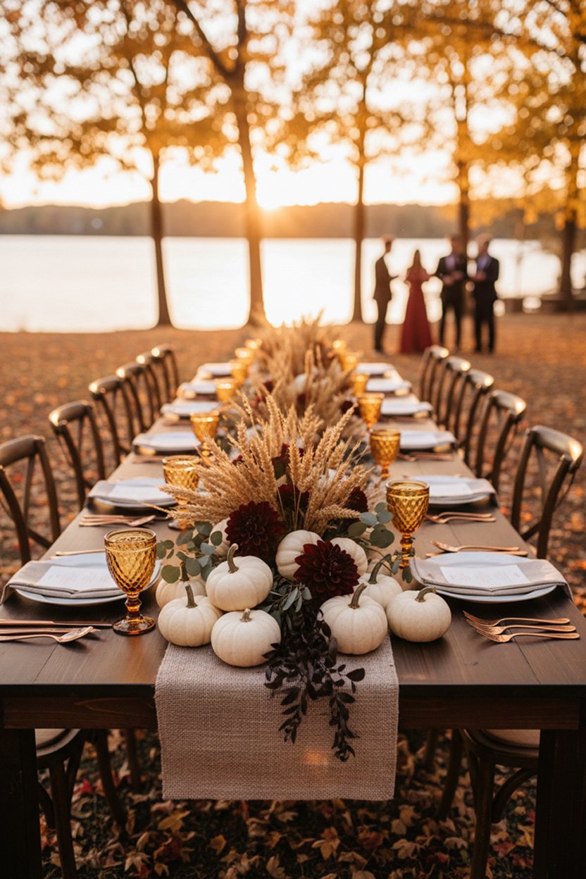 Lakeside wedding table with dark wood table with copper cutlery, amber glassware, and a centerpiece of dried wheat, burgundy dahlias, and small white pumpkins.