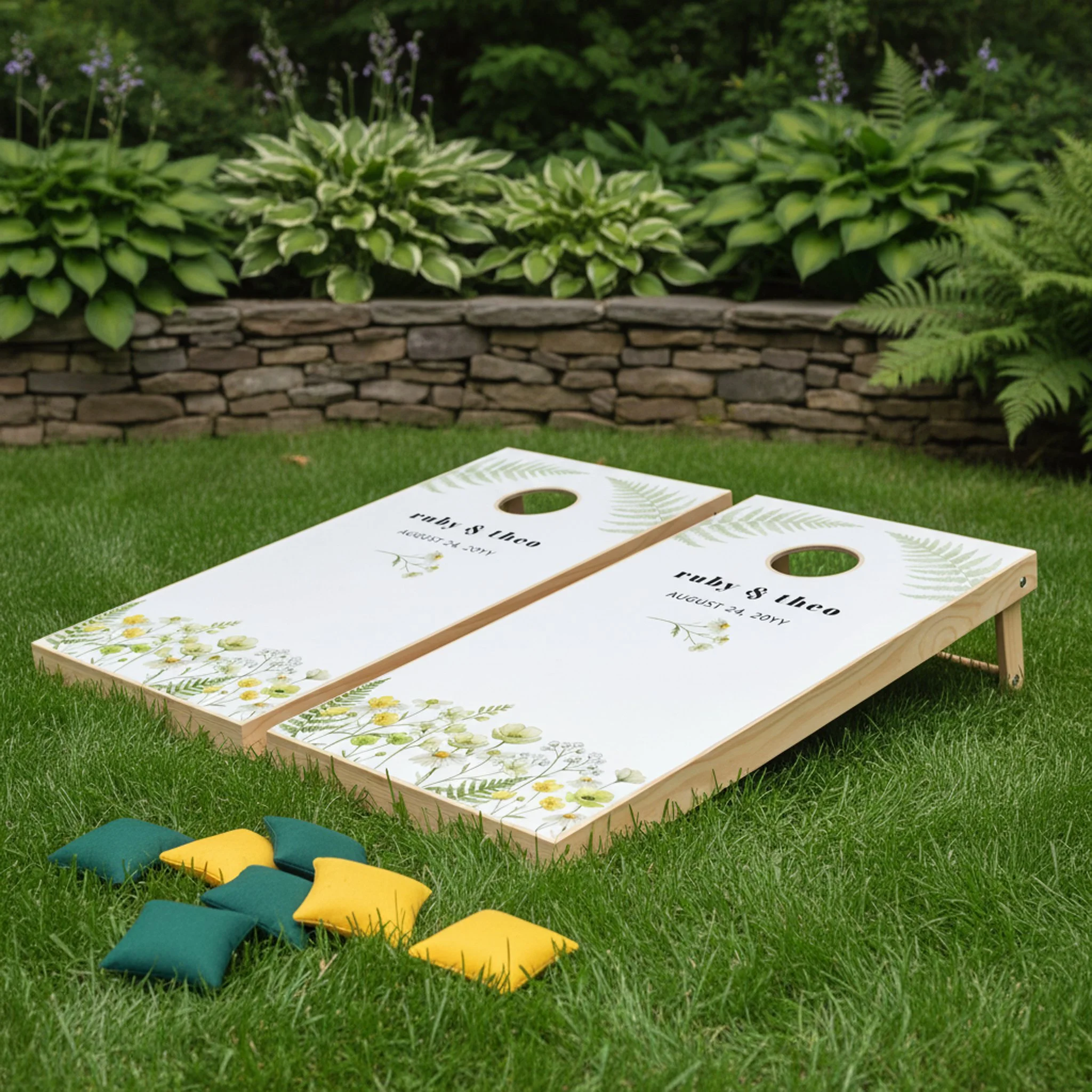 Cornhole Sets personalized with bride and groom names and wedding date