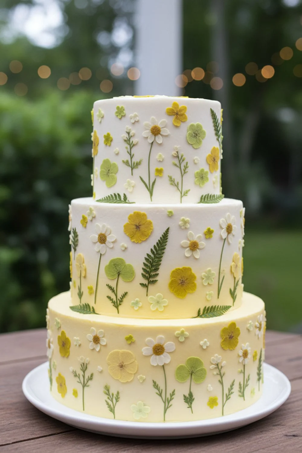 A tiered cake featuring a soft buttercup-yellow-to-white ombré, adorned with pressed sugar wildflowers and a few sprigs of fern