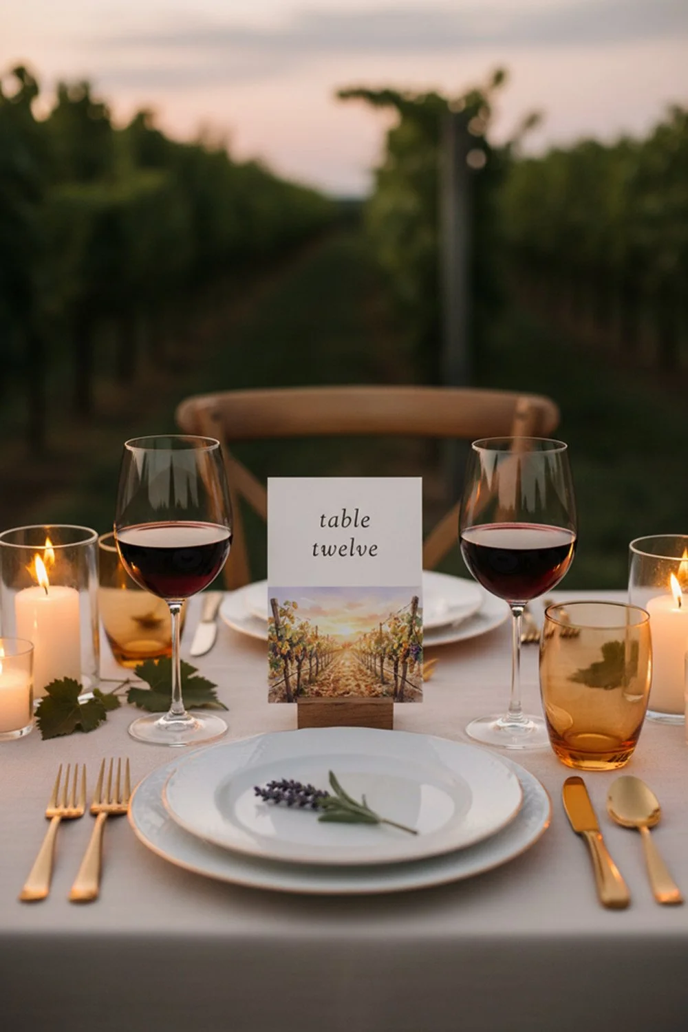 Warm amber glassware and candlelight on a vineyard wedding reception table.