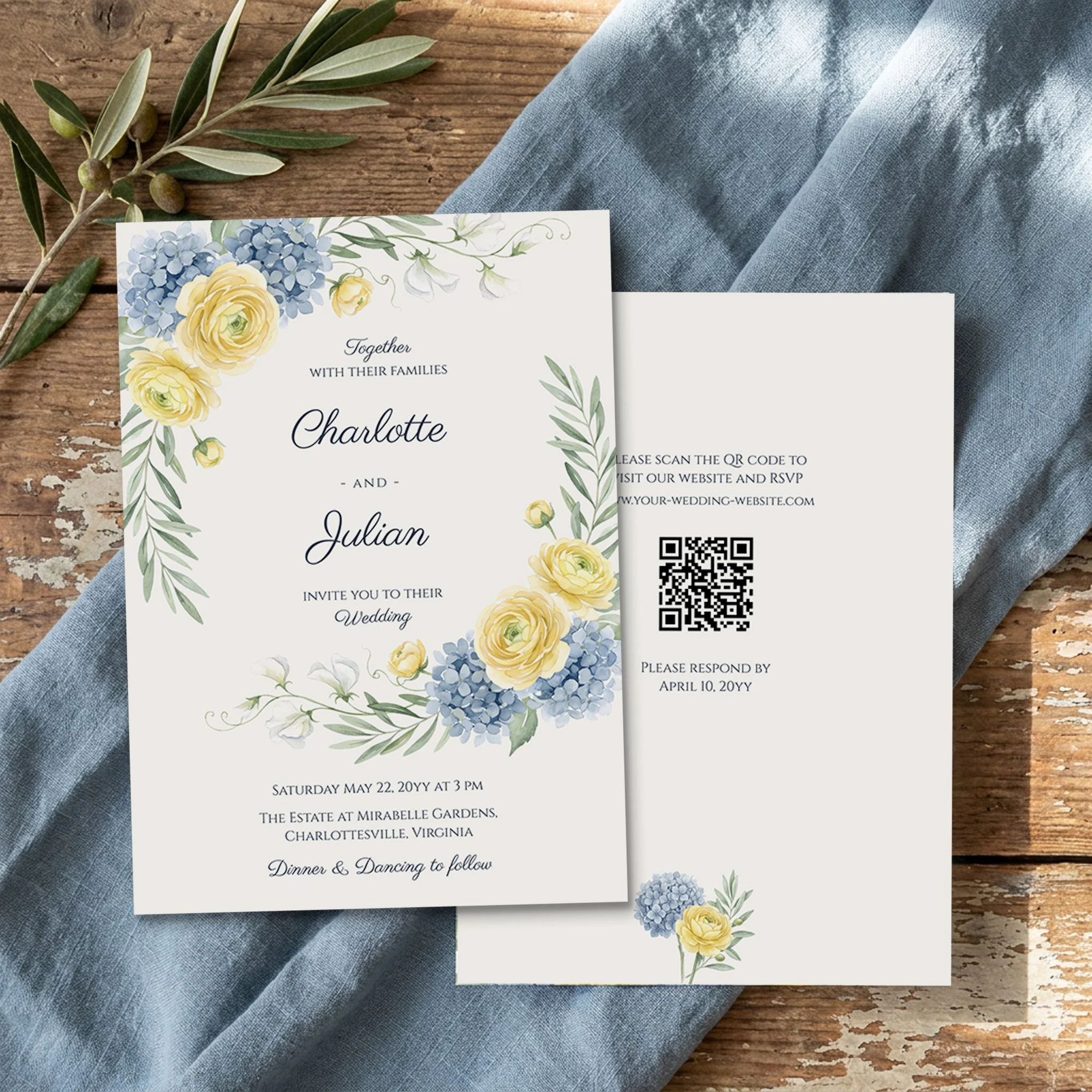 Wedding Invitation with Wedding Website QR Code from the French Country Garden wedding collection by Darling & May