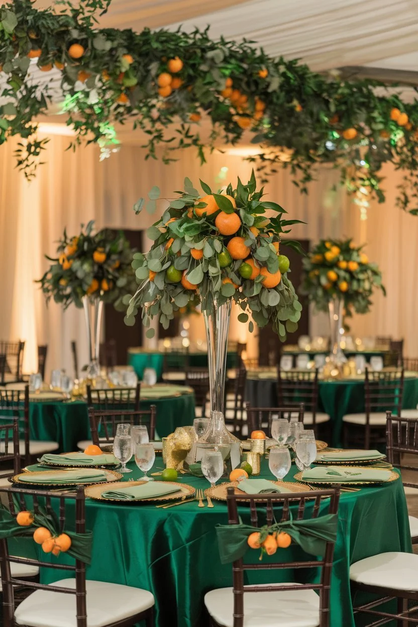 An elegant indoor wedding reception with an orange and green color palette. Centerpieces feature fresh oranges, limes, and eucalyptus leaves. Emerald green tablecloths complement gold-rimmed dinnerware.