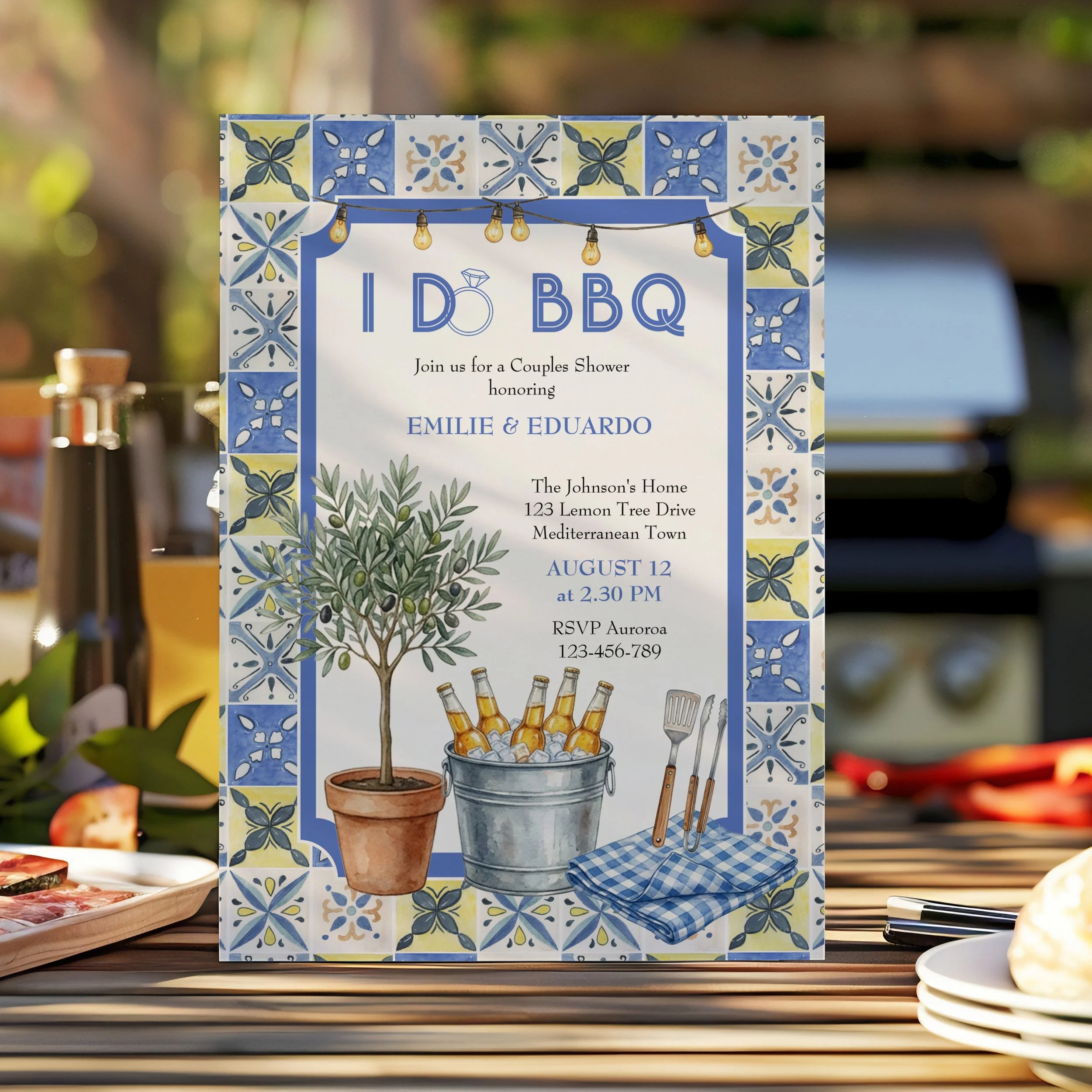 Bring the sun-kissed elegance of the Amalfi Coast to your backyard with this gorgeous Mediterranean tile I Do BBQ invitation! Beautiful blue and yellow mosaic patterns frame bespoke digital artwork of an olive tree and ice-cold beer bucket. Ideal for