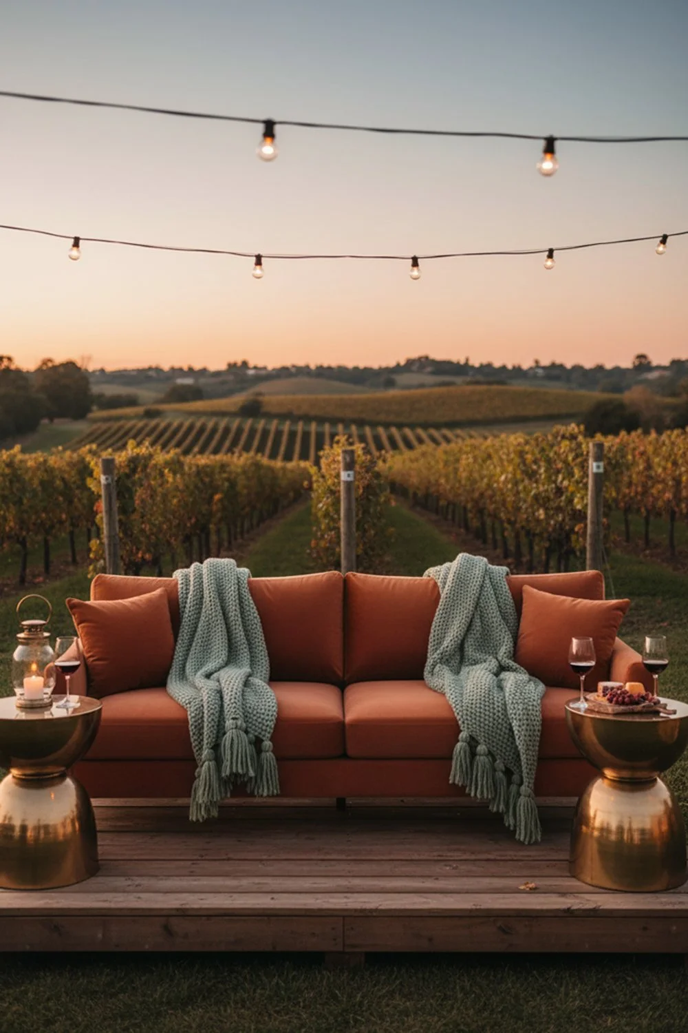 Outdoor wedding lounge area with terracotta furniture in a vineyard setting.