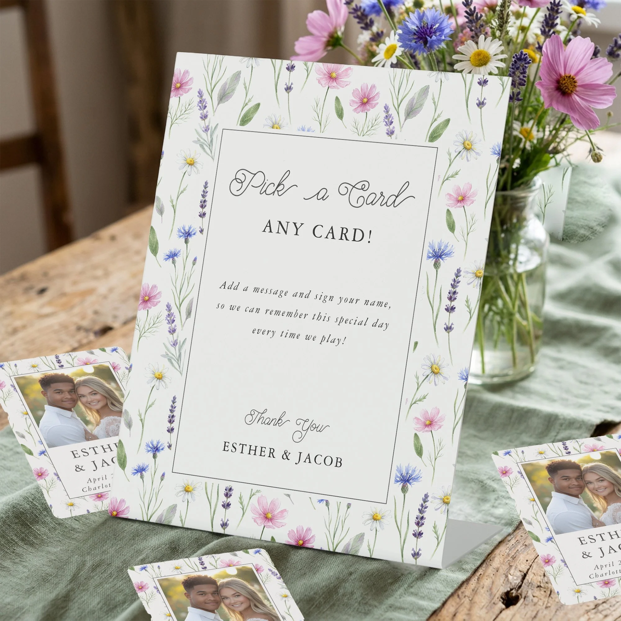 Pick a Card any Card sign with matching playing cards with photo of the bride and groom