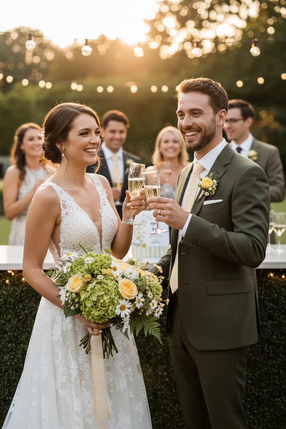 The couple sharing a "Cin Cin!" moment with the "Open Bar" sign in the background
