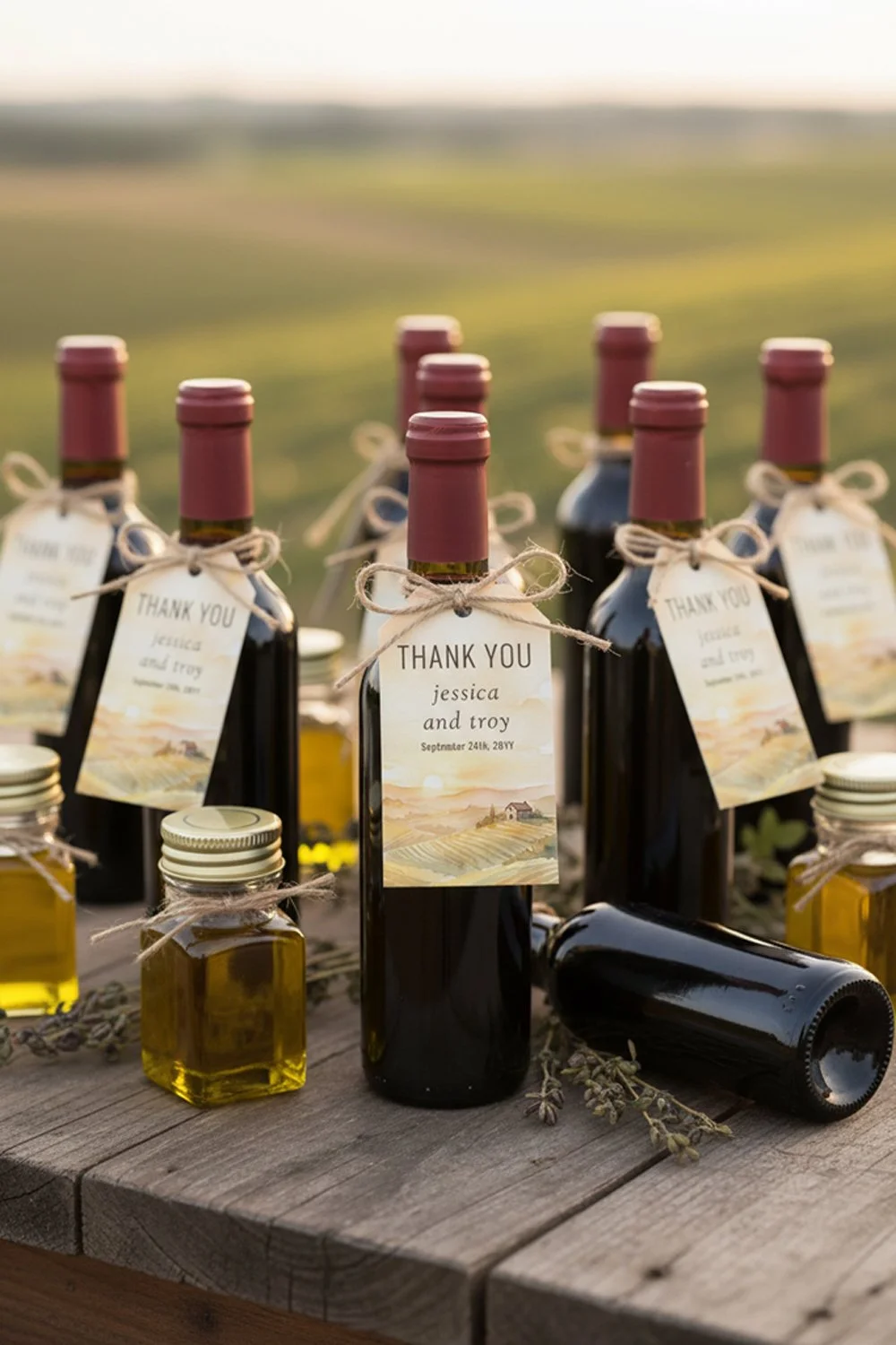 Custom wedding favors featuring mini wine bottles and artisan olive oil.