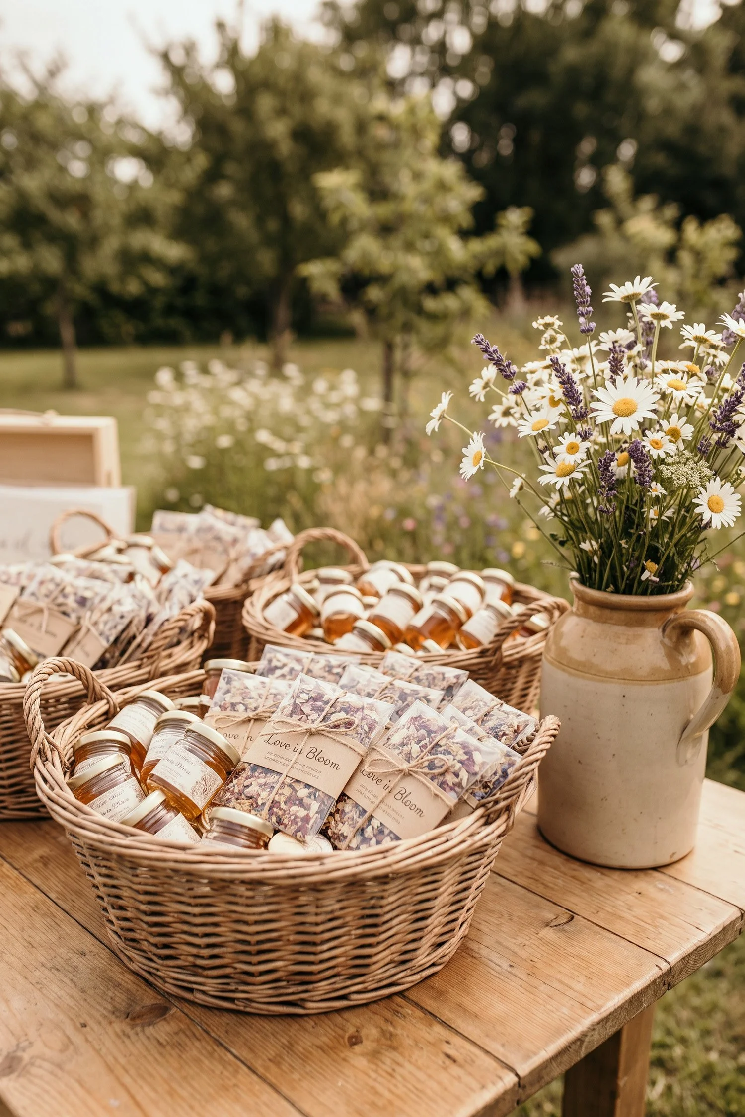Aesthetic outdoor wedding favor table detail shot. A warm rustic wooden table styled with textured woven wicker baskets filled with small glass jars and dried wildflower petal confetti packets
