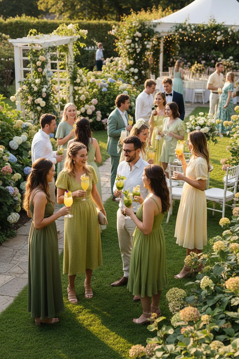 Guests holding the vibrant yellow and green cocktails against the garden backdrop.