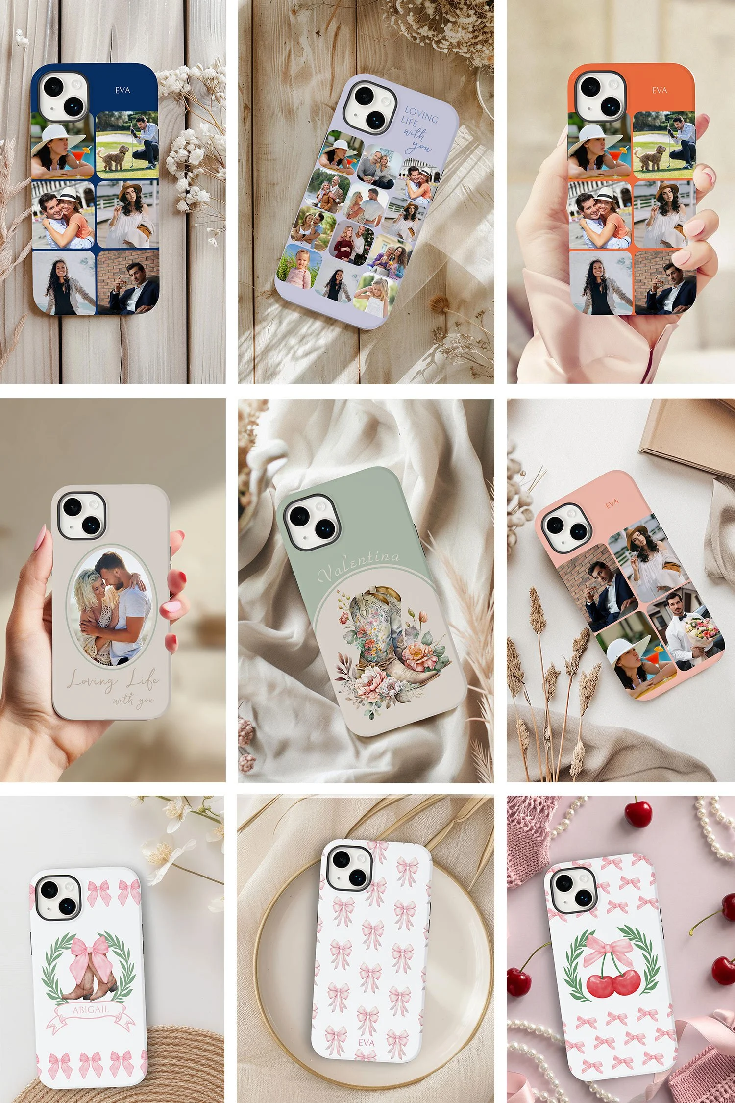 Collage of photos of designer iphone cases. Designs include personalized photo collages, western cowgirl boots, girly bows and coquette aesthetics.