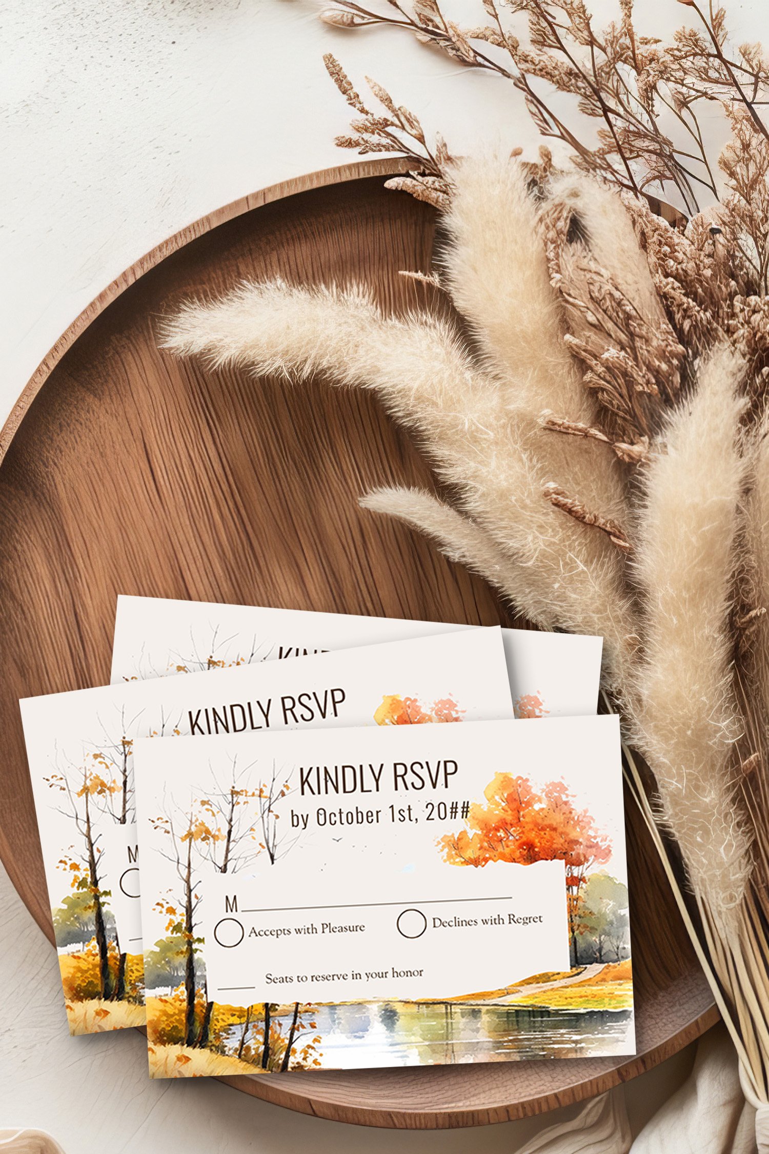 wedding rsvp cards with fall watercolor scene of lakeside autumn trees