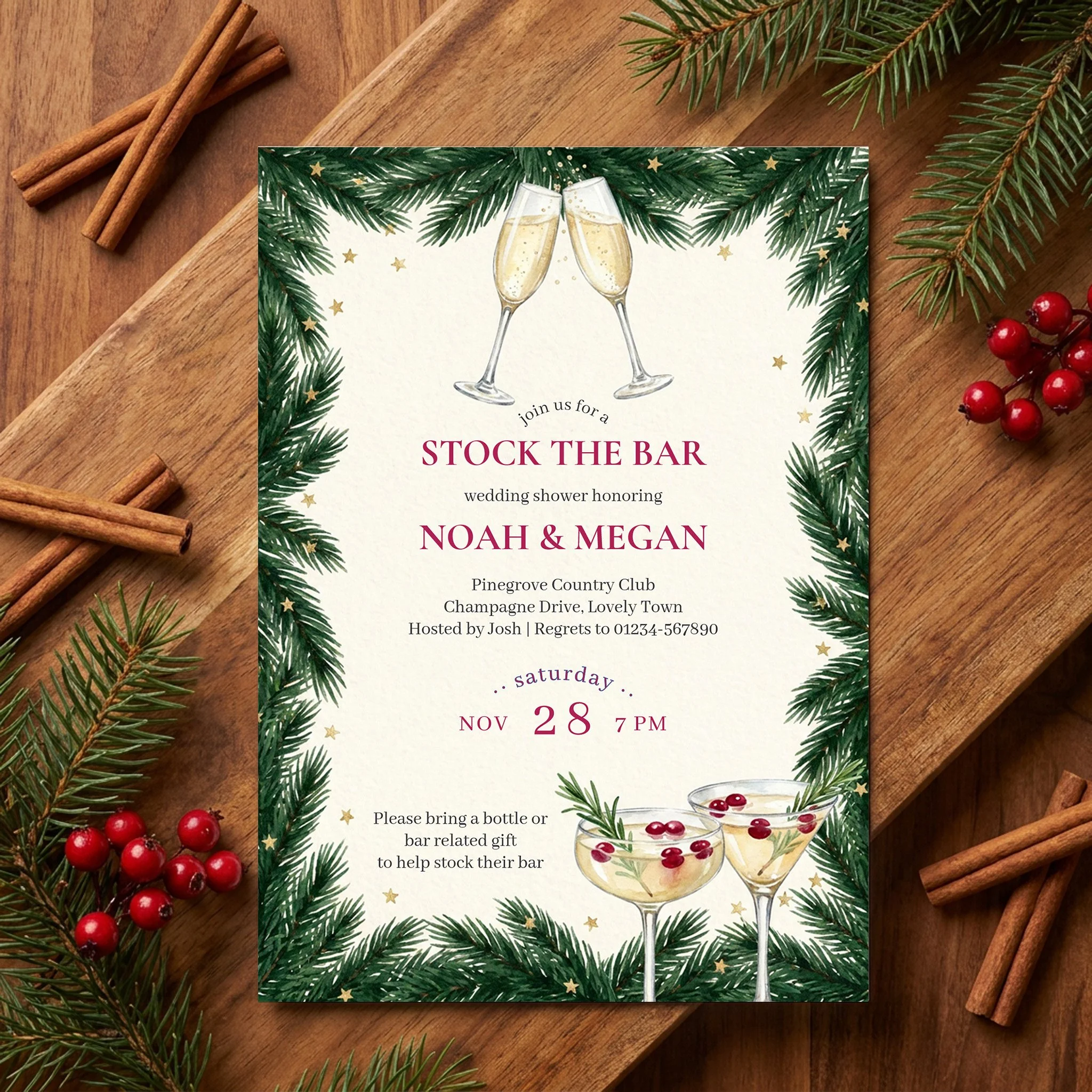 Couple shower invitation with festive winter theme with pine garland and glasses of champagne and 'stock the bar' request.