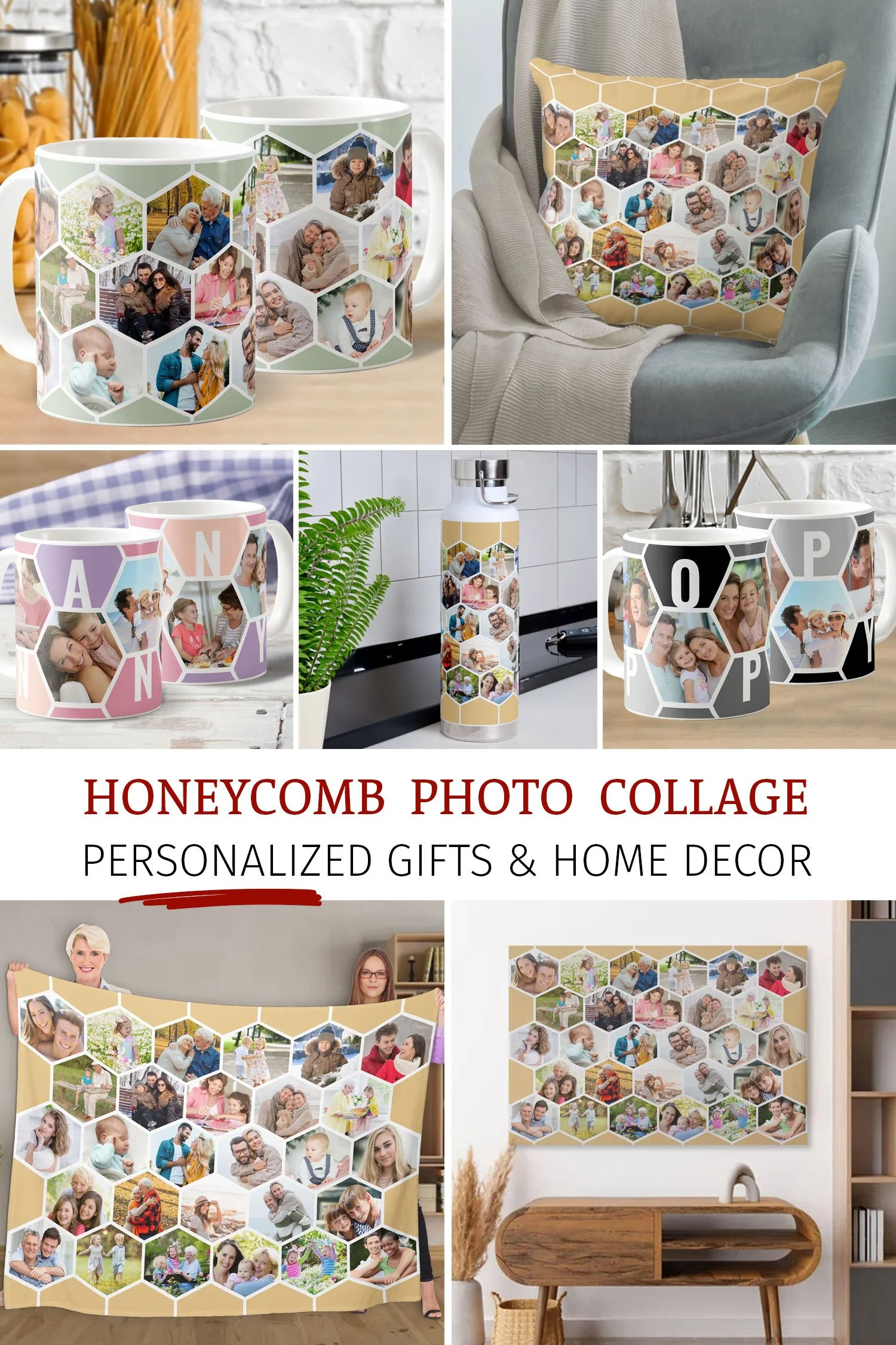 Product photo collage showing home decor and personalized photo gifts, printed with honeycomb photo display of hexagon shaped family pictures 