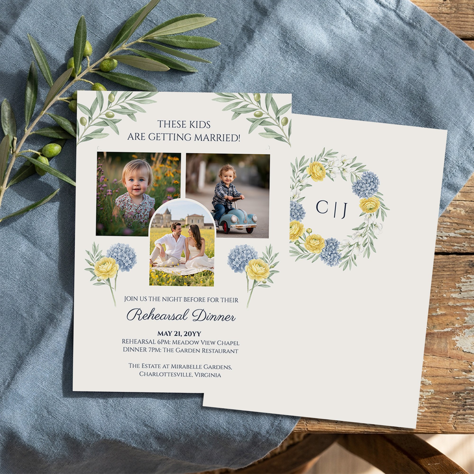 Fun Photo Rehearsal Dinner Invitations from the French Country Garden Wedding Collection by Darling & May