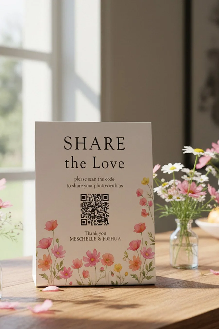 Wildflower bloom qr code sign for photo sharing, honeymoon fund etc