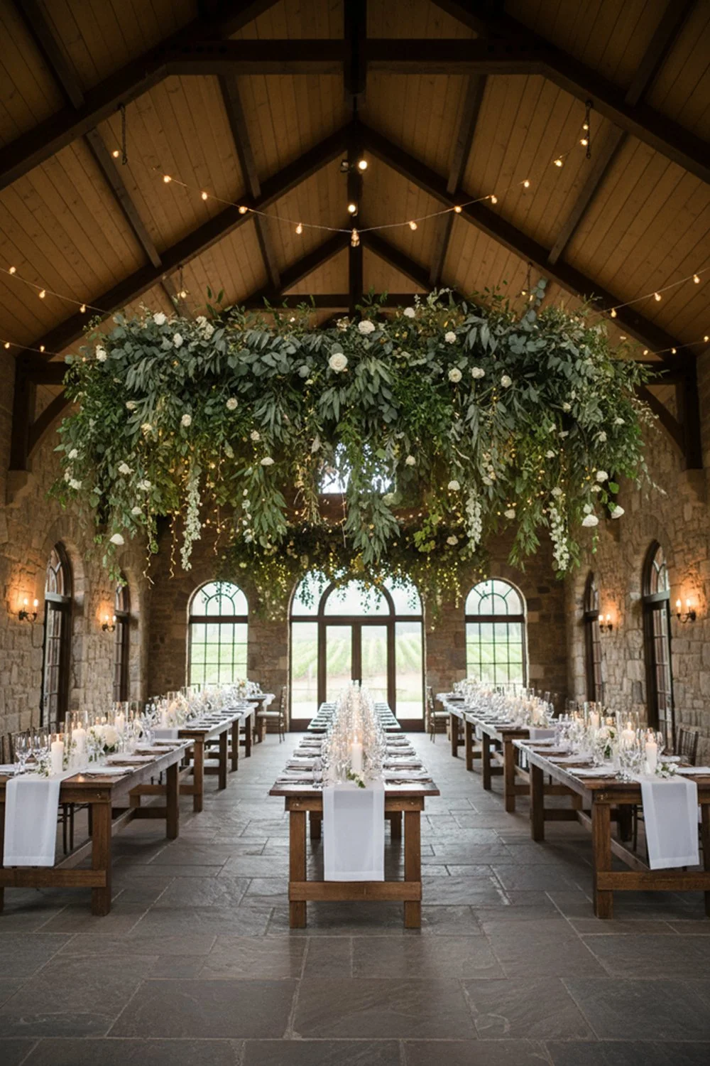 Hanging greenery installations of olive branches in a winery wedding reception hall.