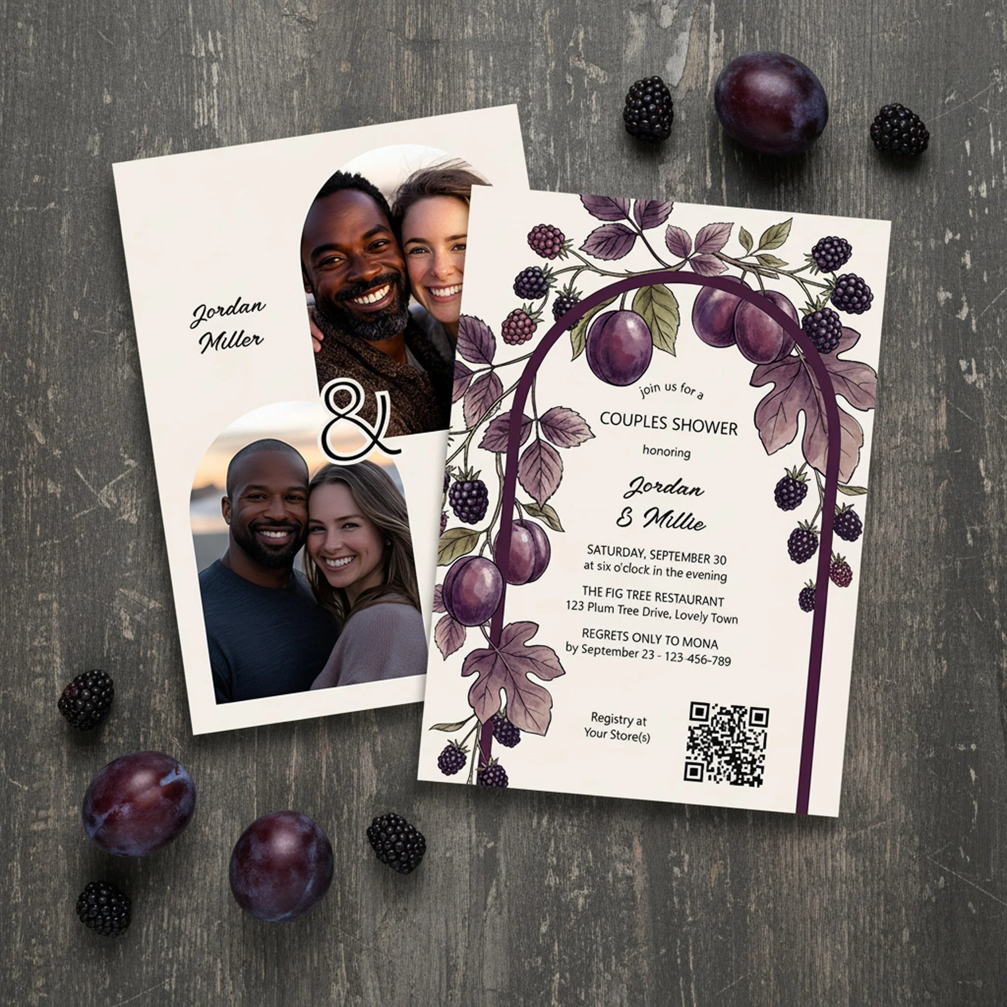 Celebrate your upcoming wedding with a chic, coed gathering using our Modern Plum and Fig Arch Couples Shower Invitation. Adorned with bespoke digital artwork of trailing berries and a sleek modern arch, the reverse showcases a unique interlocking tw