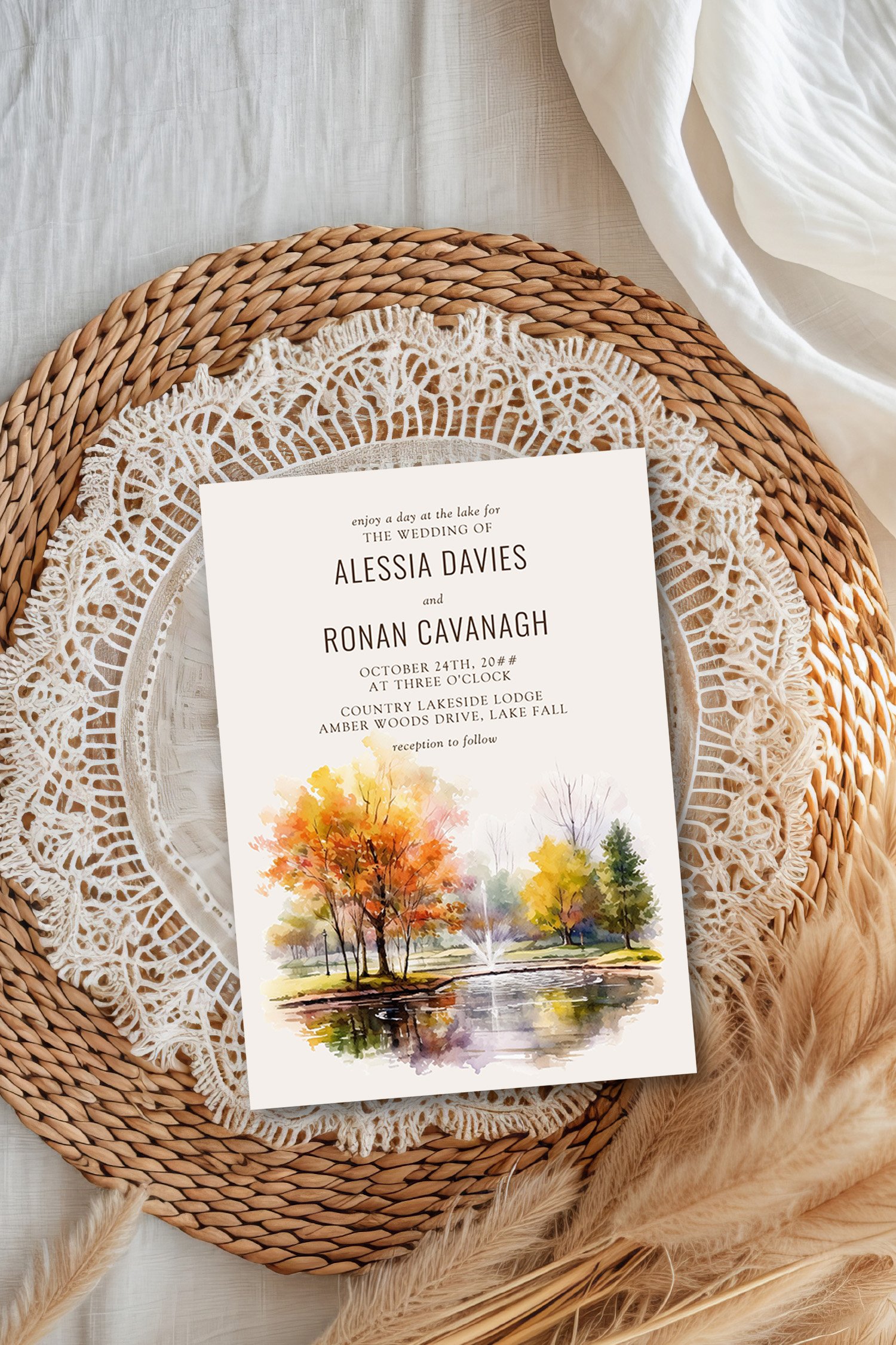 Wedding invitation illustrated with country lake and fall trees