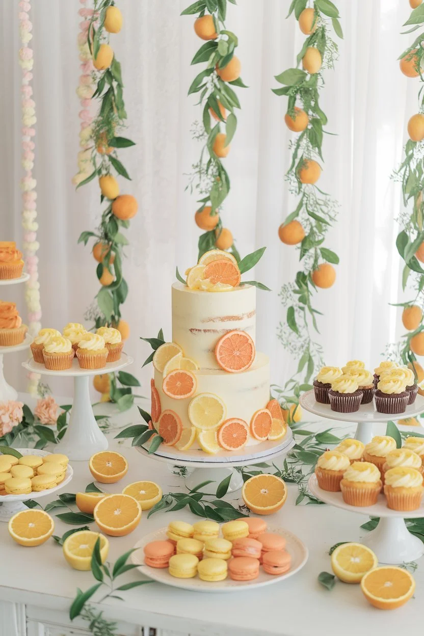 A beautifully styled citrus-themed dessert table. Featuring a three-tiered cake with orange and lemon garnishes.