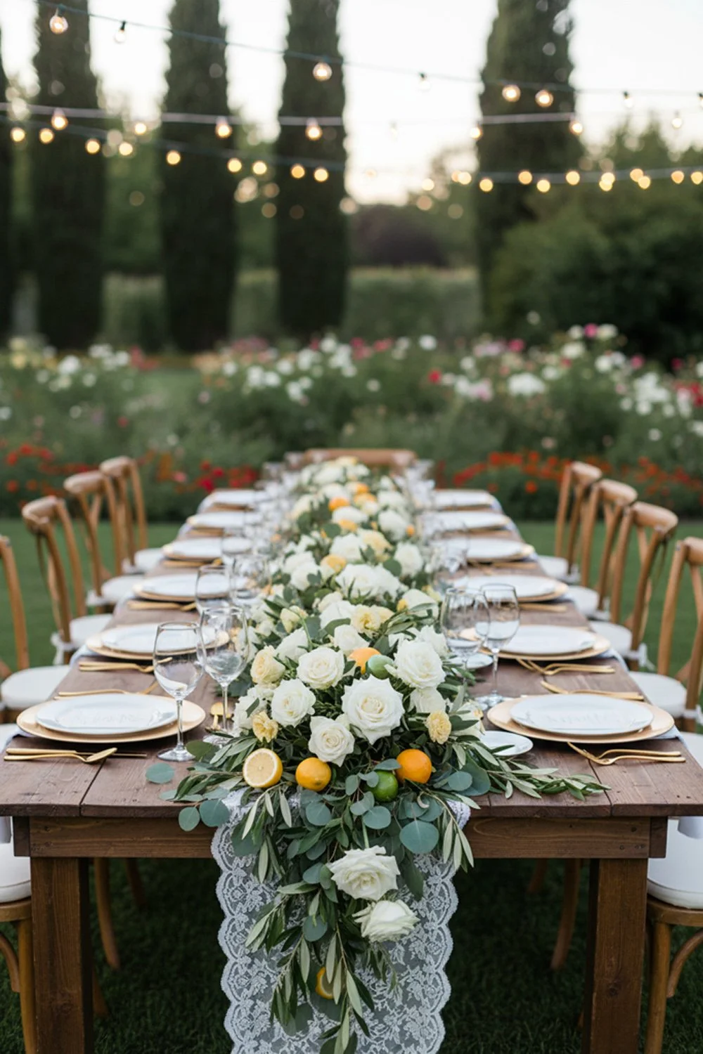 Flowers, real lemons, limes, and halved citrus fruits along the center of the table