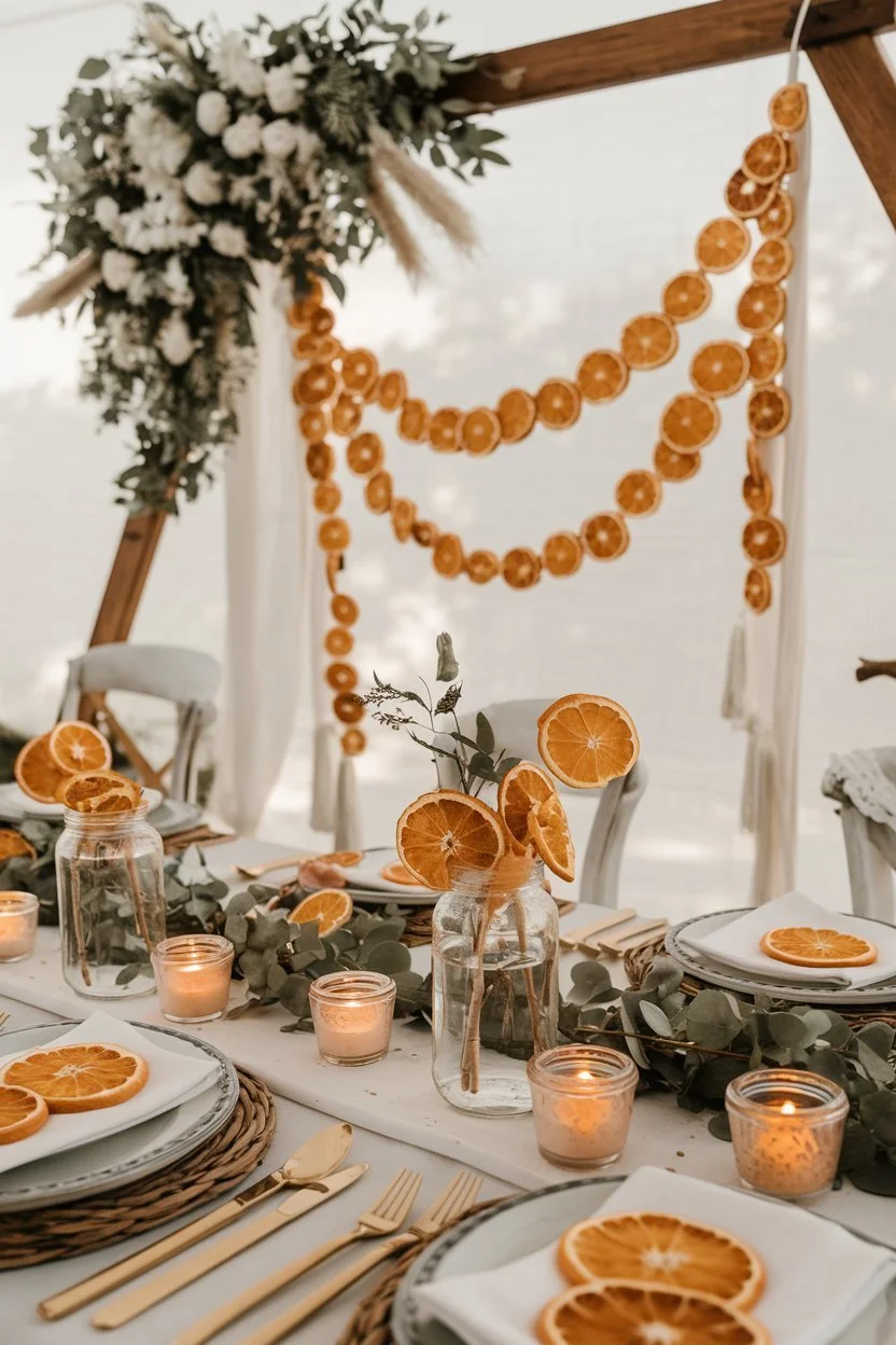 A whimsical wedding scene featuring dried orange slices as decor accents.