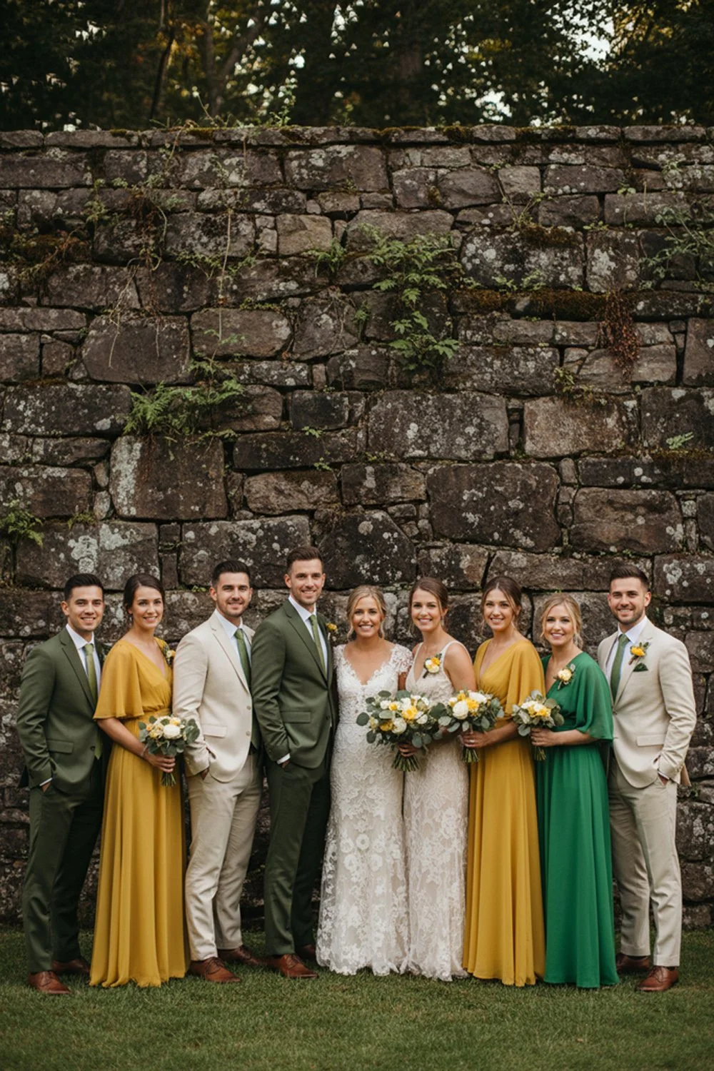 A group shot of the bridal party in varying shades of citrus green and yellow.