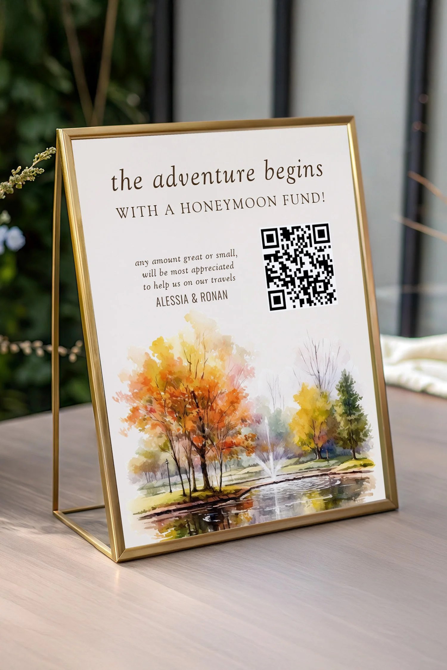 QR Code wedding table sign for honeymoon fund