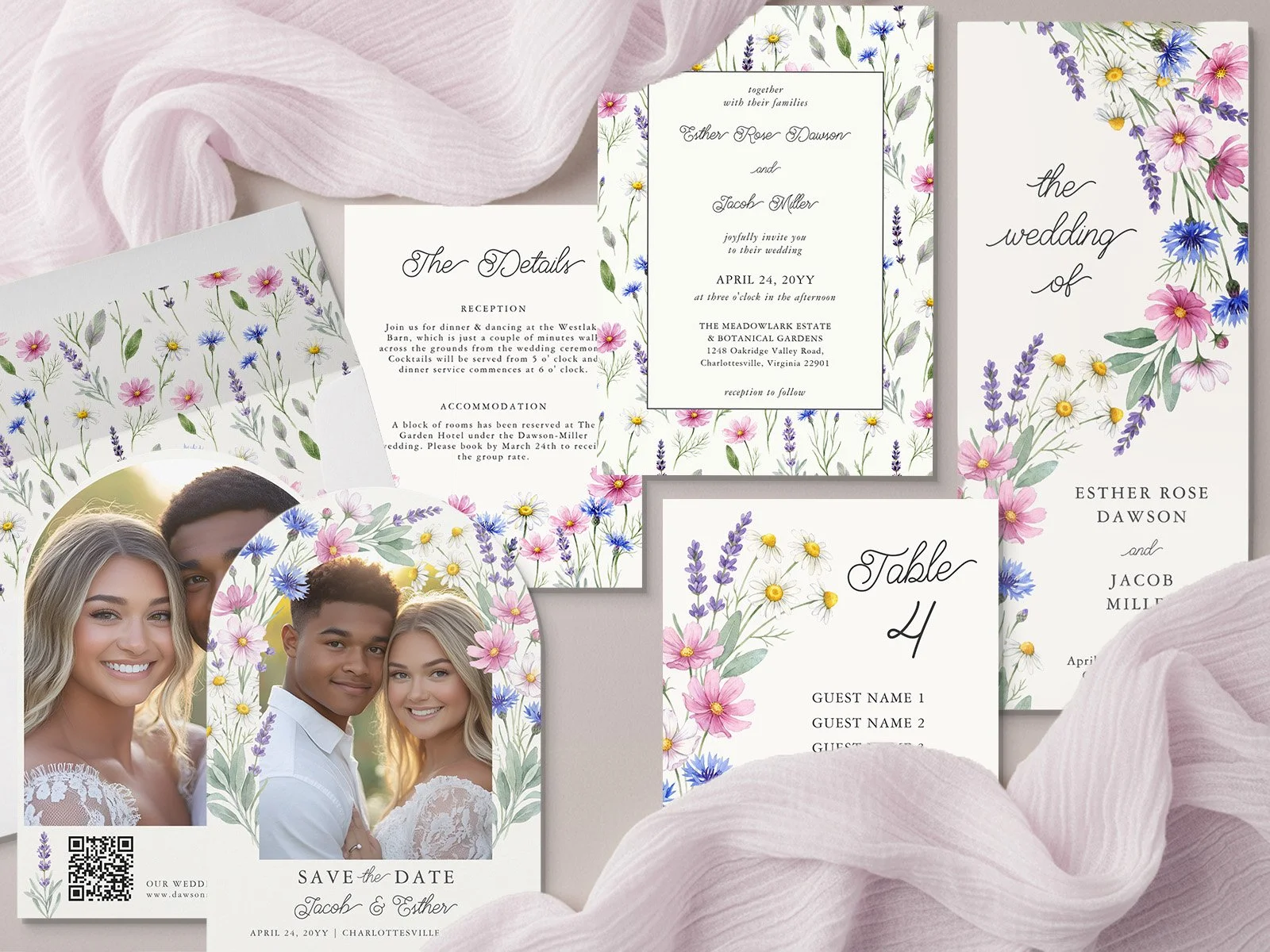 A flatlay mockup of a few pieces of wedding stationery from the Pressed Spring Meadow Wildflower wedding collection by Darling & May