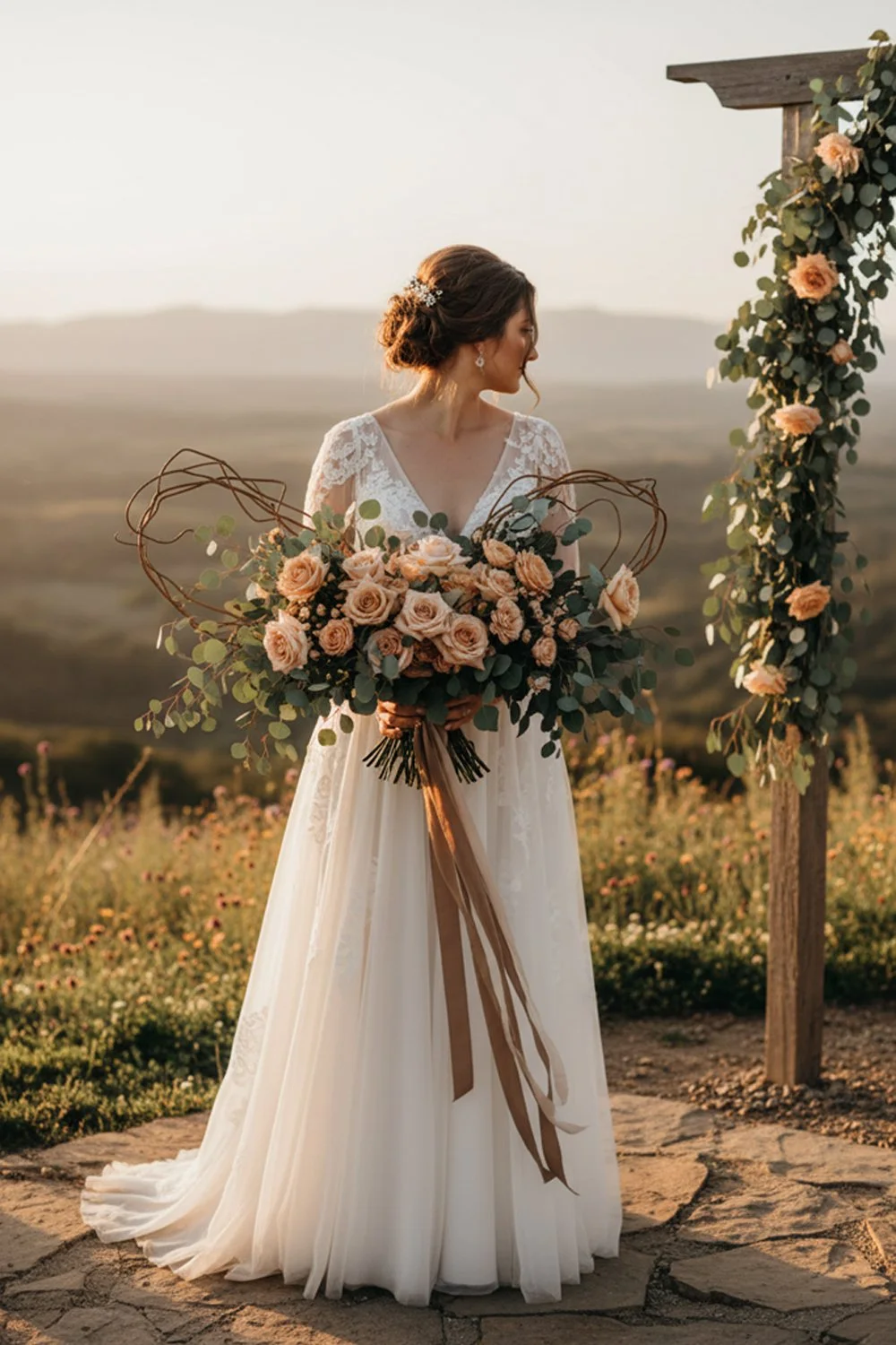 Wild asymmetrical wedding bouquet with peach roses and grapevine accents.