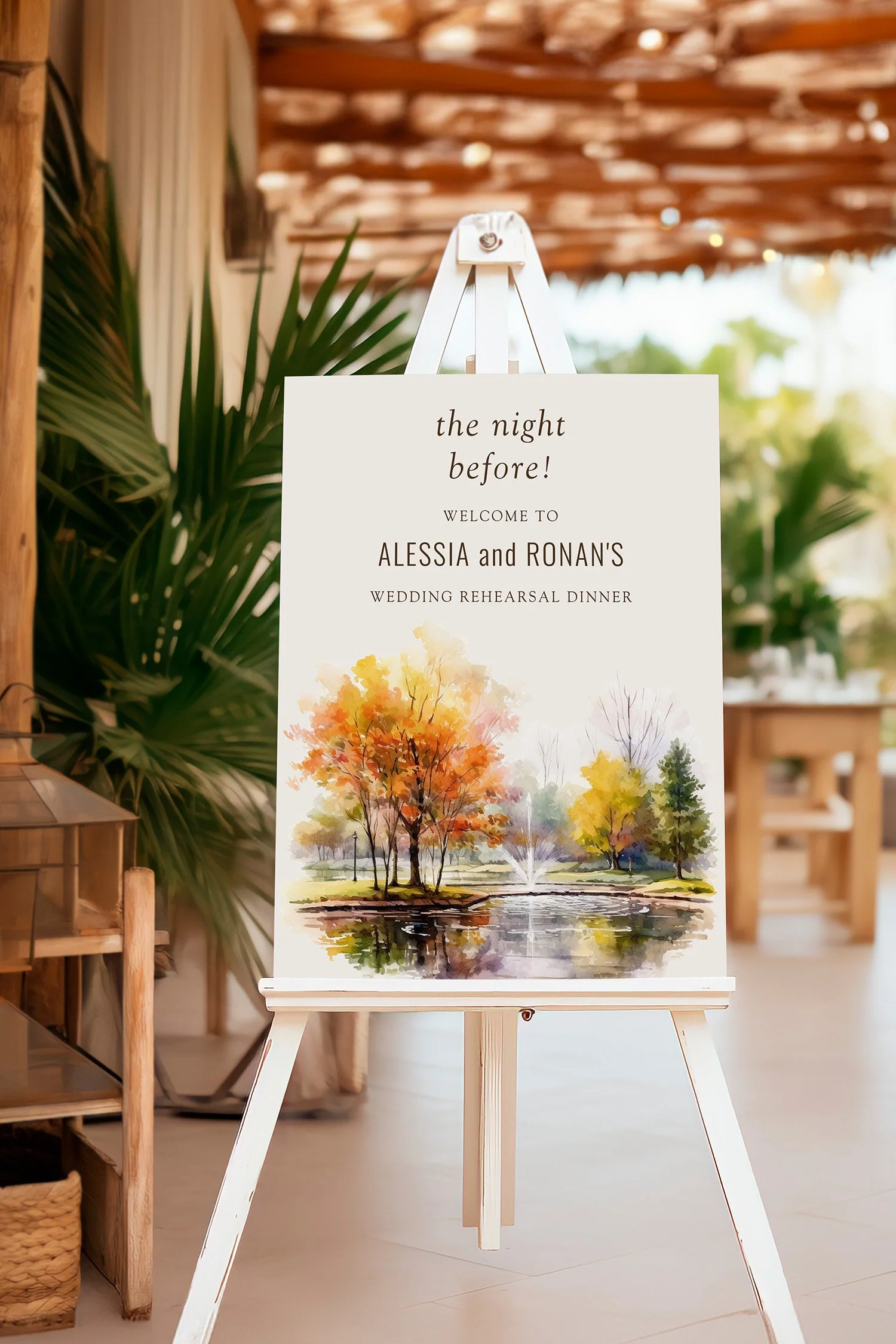 Wedding rehearsal dinner welcome sign with watercolor landscape of country lake and fall trees