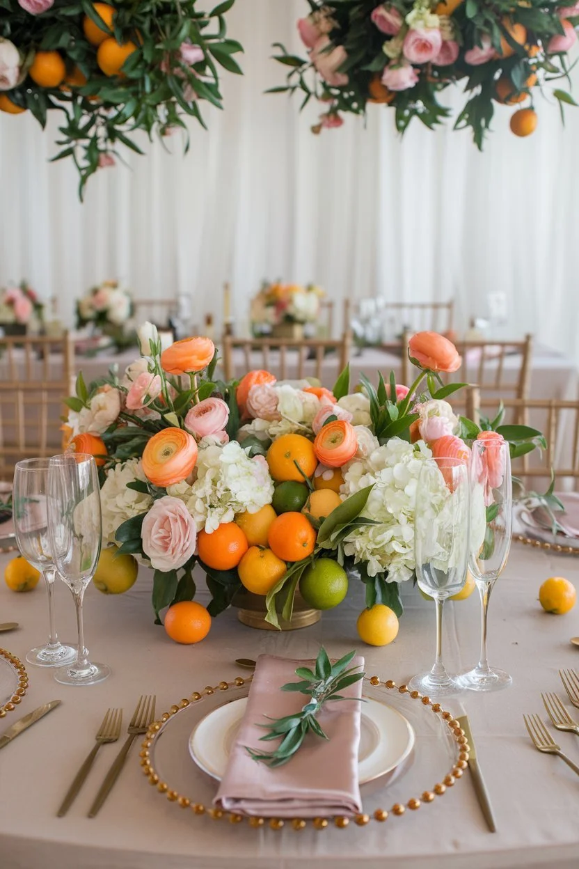 A wedding table centerpiece combining fresh fruits and flowers.