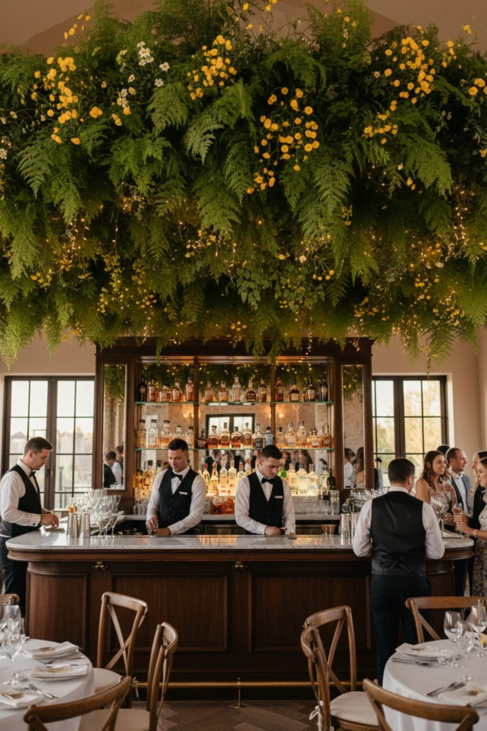 Clouds of asparagus ferns and yellow wildflowers hanging from the ceiling over the wedding bar creating a lush, immersive canopy.