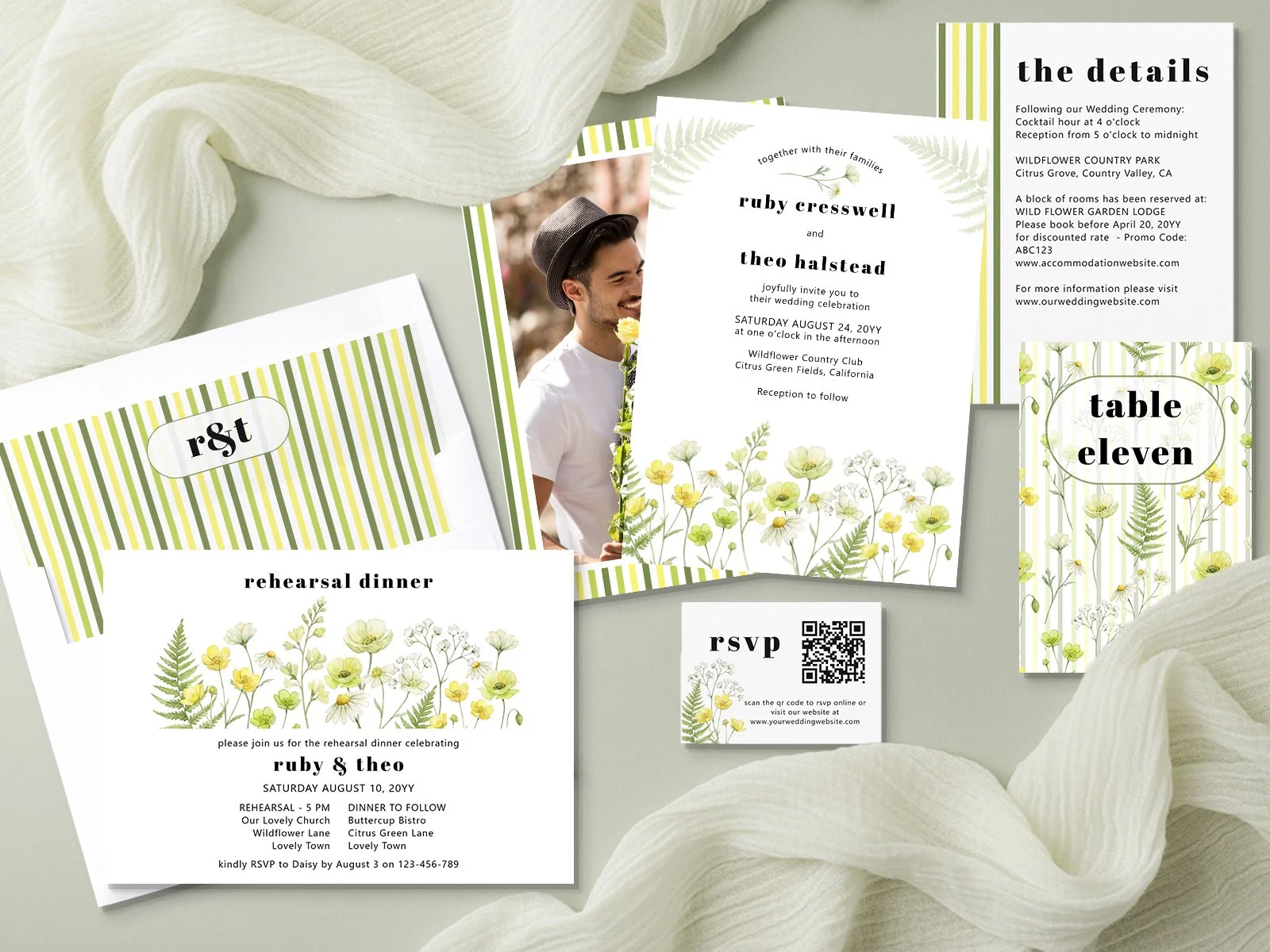 Wedding invitations and stationery from the Citrus Green Wildflower wedding collection by Darling & May