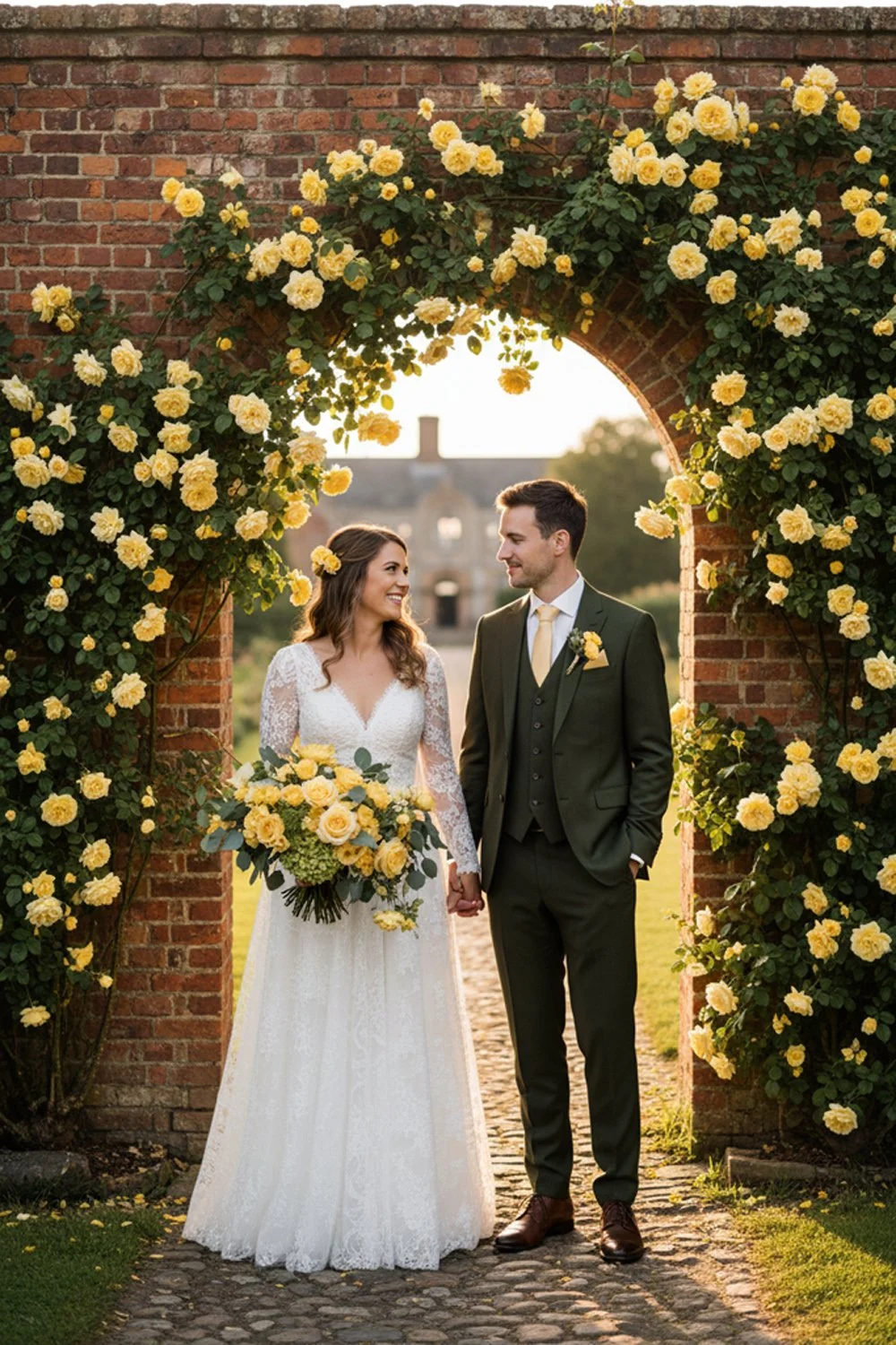 Bride and Groom framed by an old brick archway covered in climbing yellow roses.
