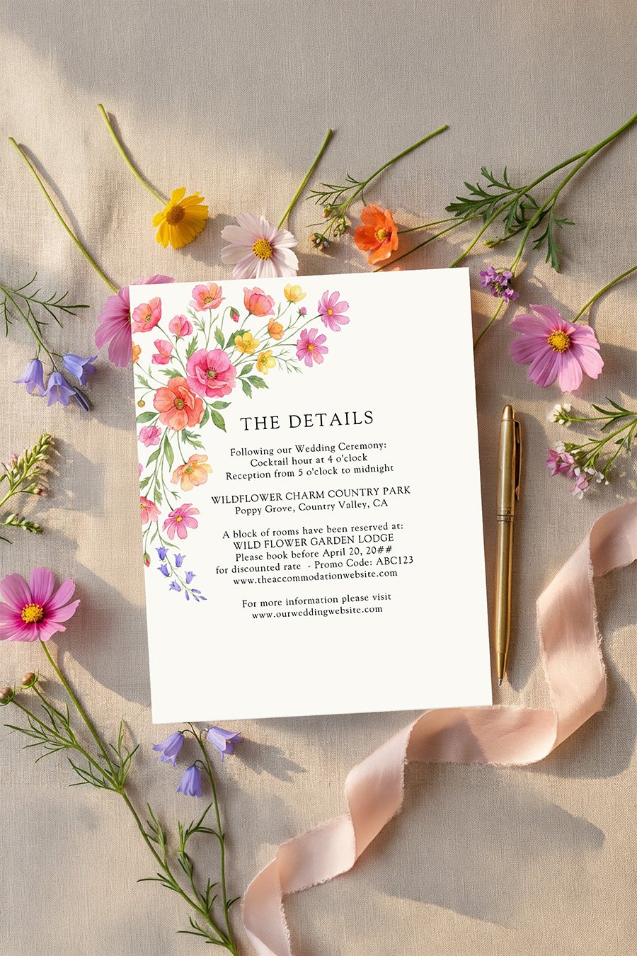 Wildflower bloom enclosure card with the details and additional guest information