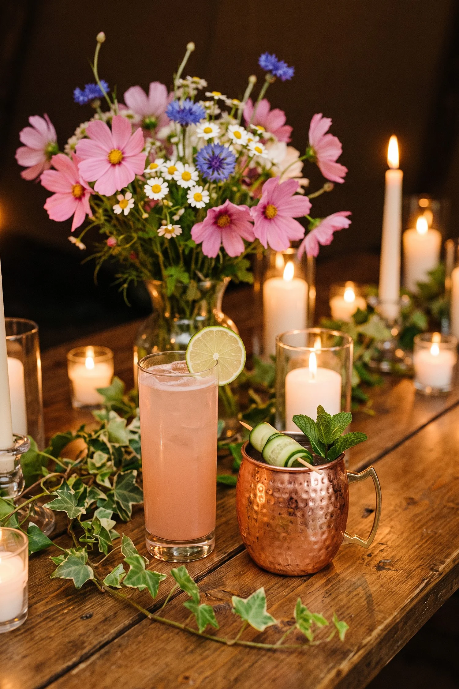 Lifestyle wedding detail shot of a cocktail bar setup.