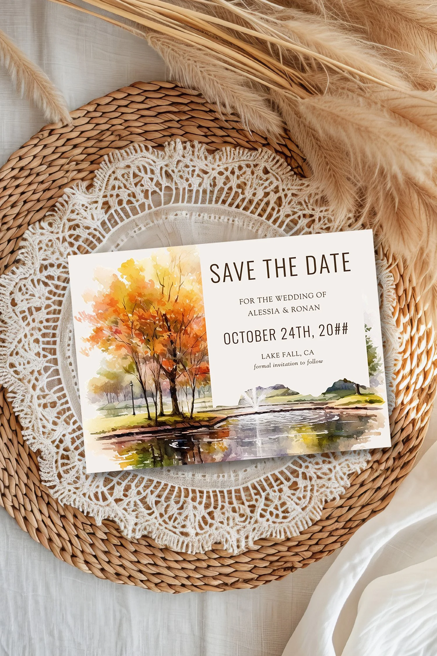Wedding save the date with fall themed illustration of autumn trees by the water