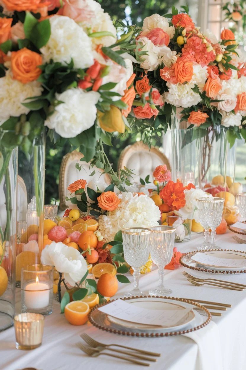 A stunning wedding tablescape featuring orange and white floral arrangements.
