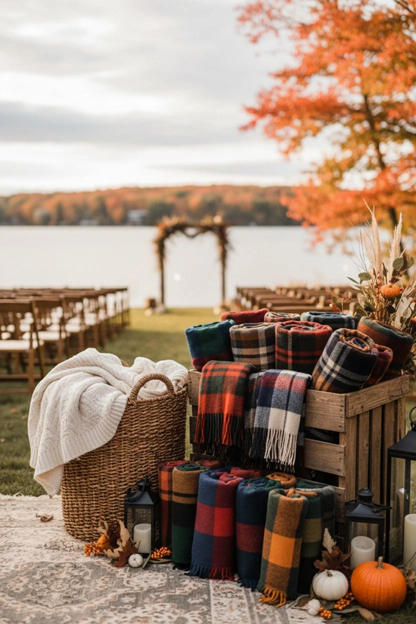 Outdoor Wedding Ceremony by the water  with a basket of blankets next to a pile of plaid wool throws.