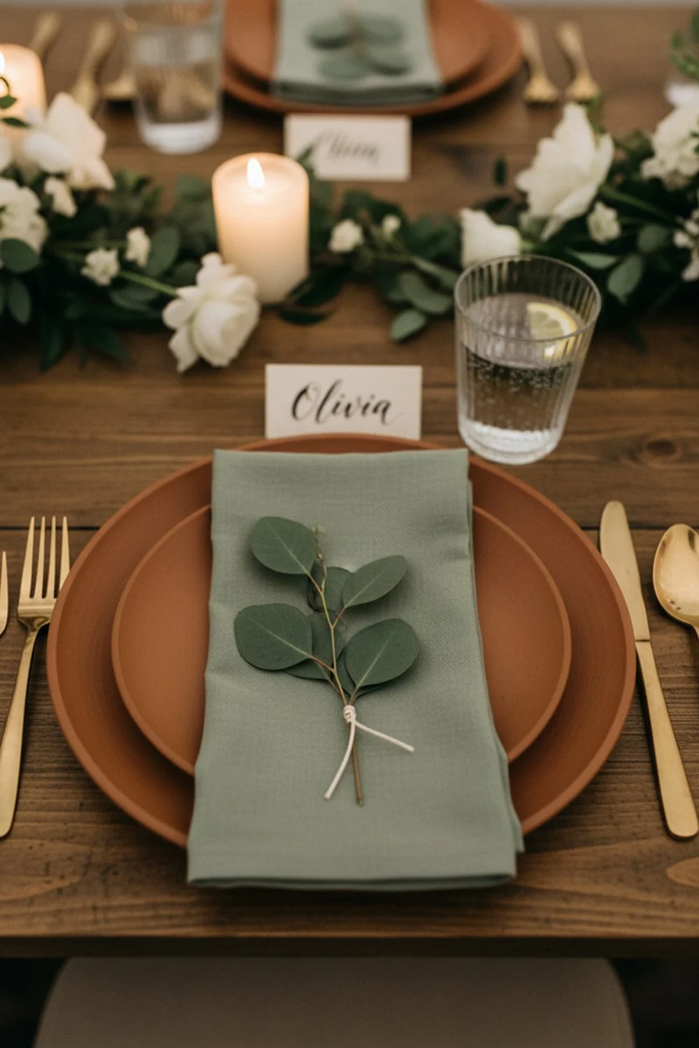 Modern vineyard wedding place setting with terracotta plates and sage green napkins