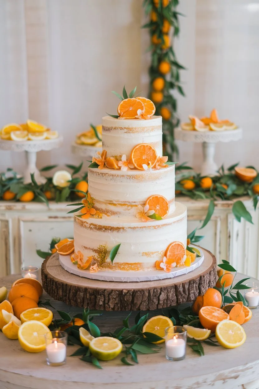 A showstopping citrus-themed wedding cake displayed on a rustic wooden cake stand.