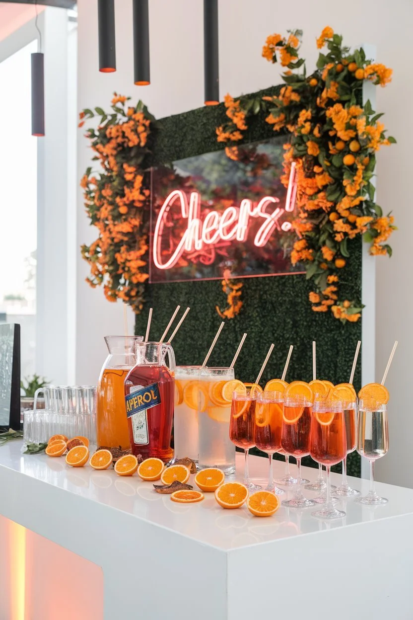 A trendy Aperol Spritz bar setup at a wedding, featuring a sleek white bar counter decorated with fresh orange halves and dried citrus slices.