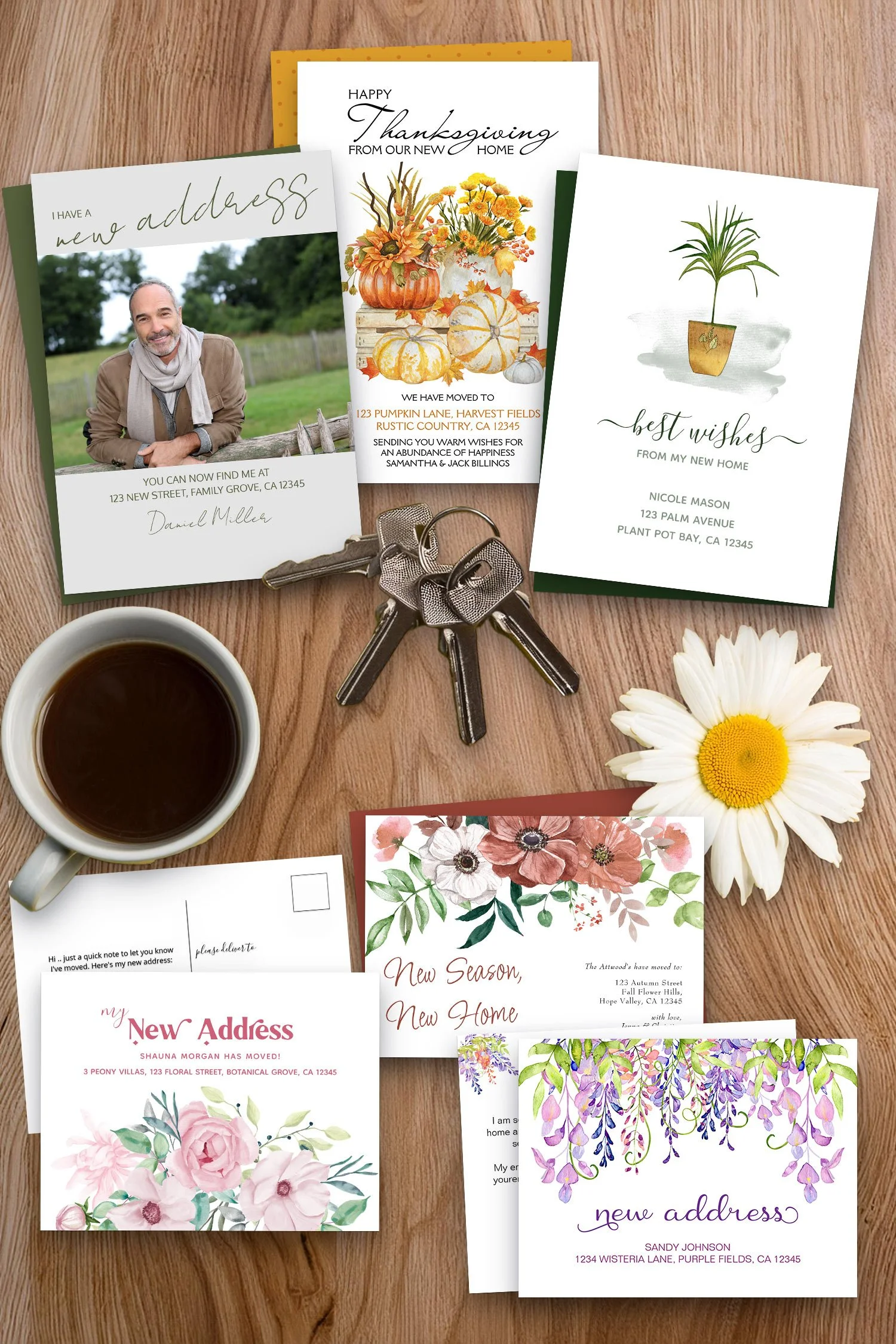 A product display showing a selection of moving announcement card designs for customers to personalize with their new address