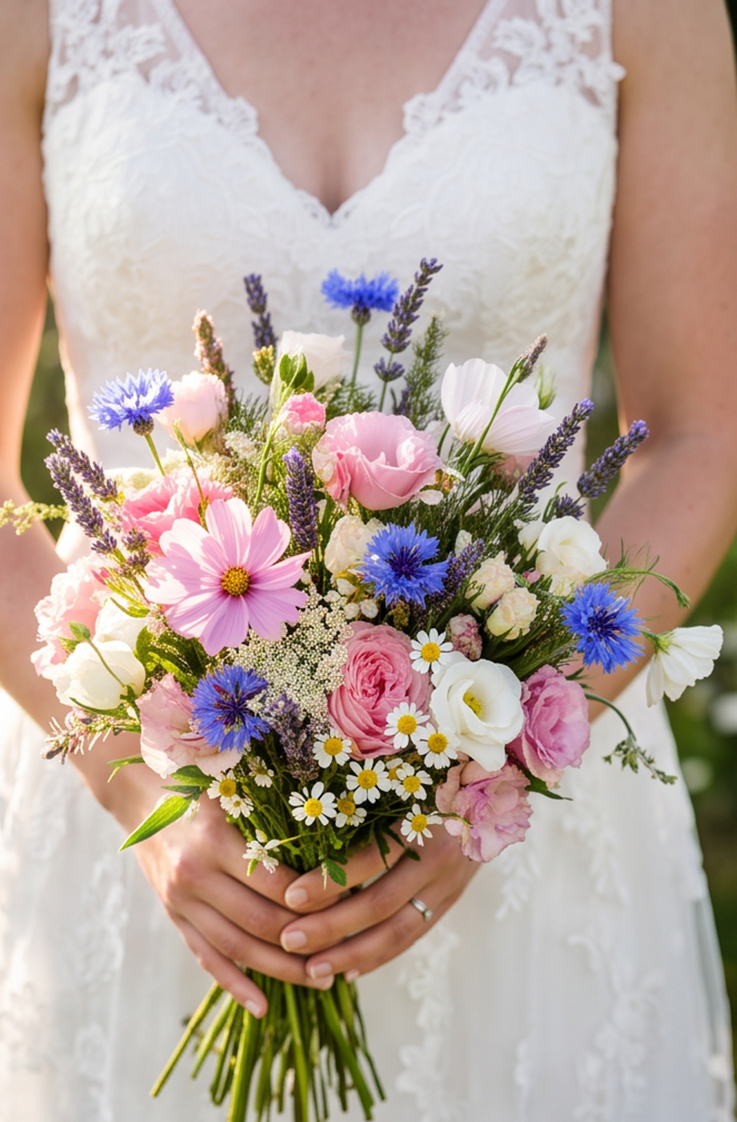 Bridal bouquet with fine-stemmed blooms like pink cosmos, sprays of lavender, cornflower blue blossoms, and chamomile daisies.
