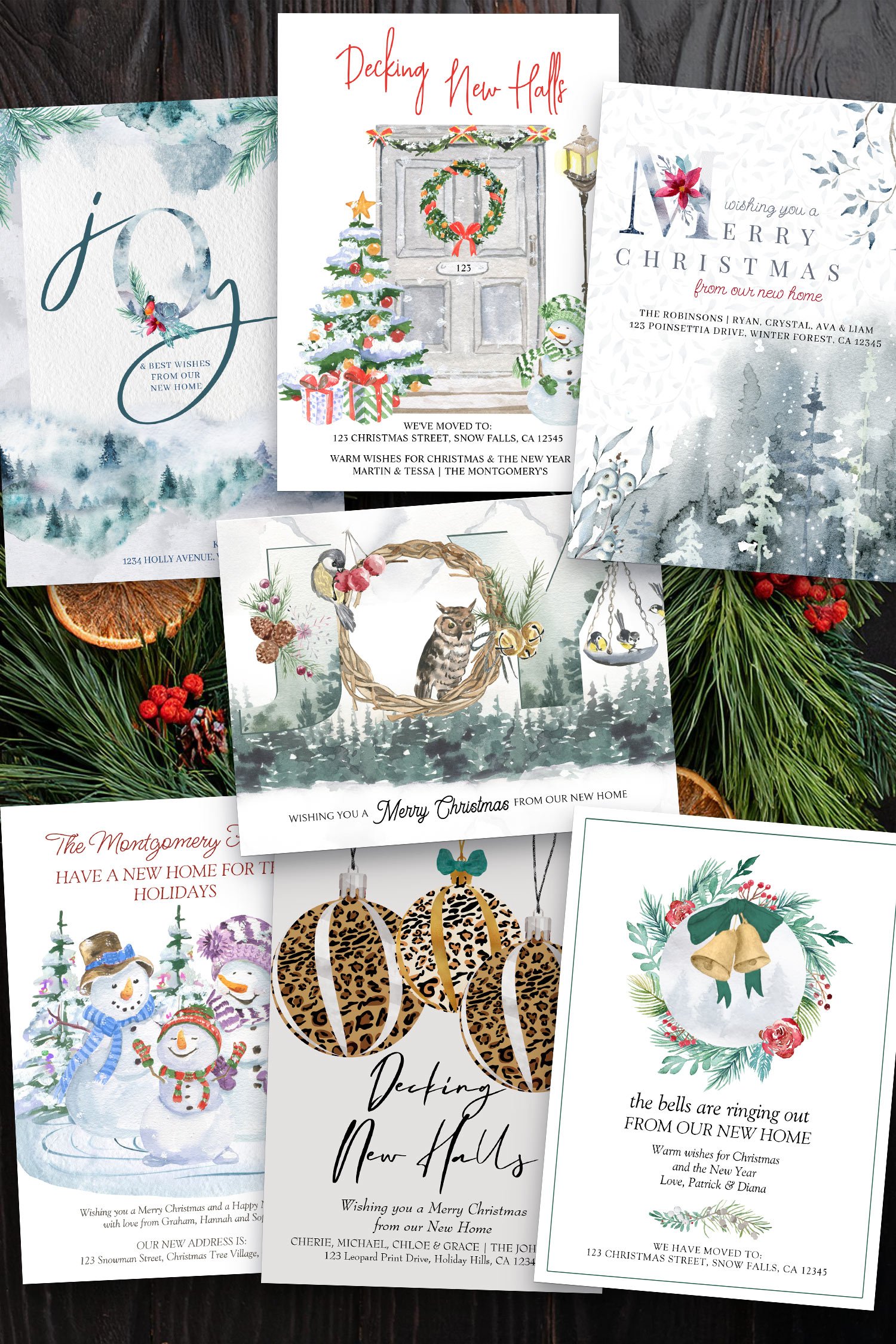 Selection of Holiday Moving Announcements with popular themes including decking new halls, joy from our new home and a new home for the holidays.