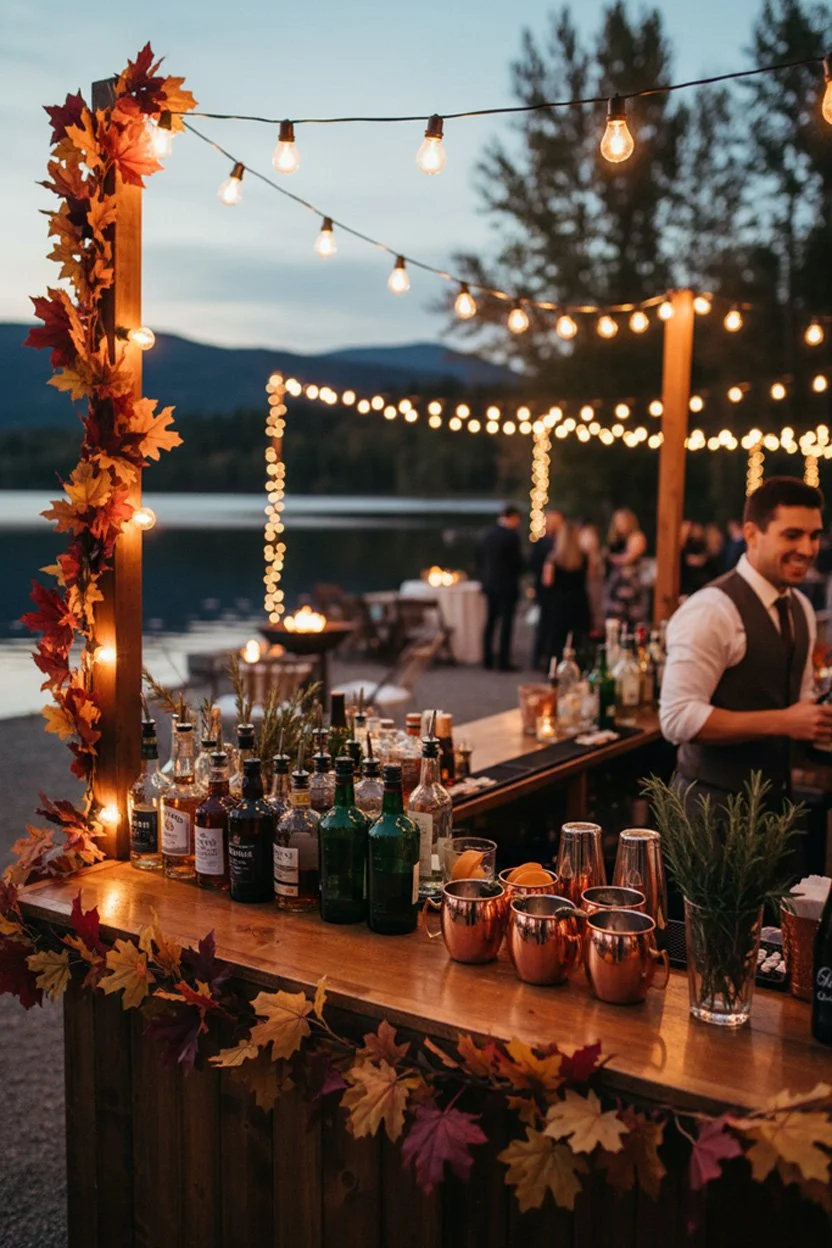 Lakeside wedding reception with the bar setup outdoors, illuminated by warm string lights, with dark glass bottles and copper mugs in the foreground.