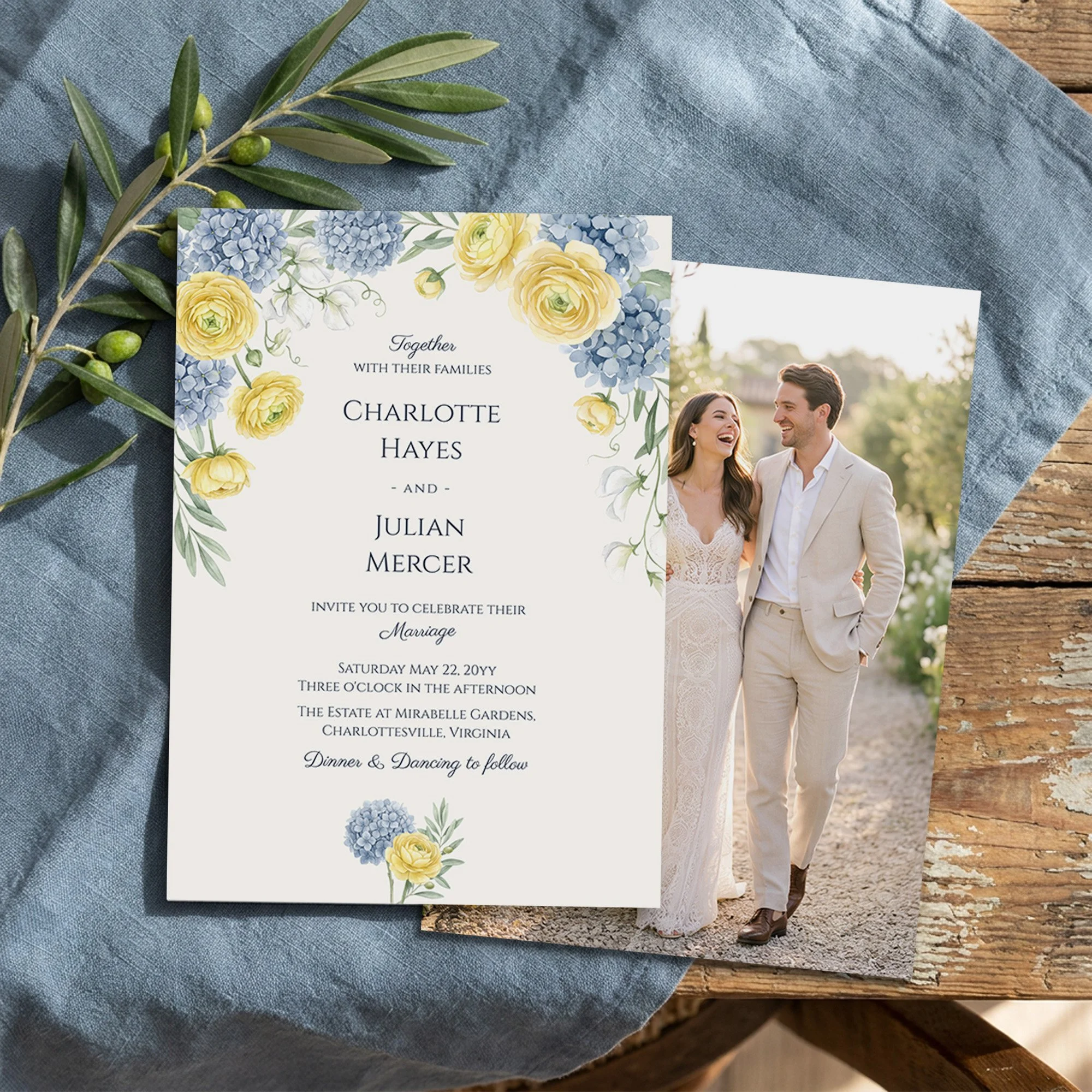 Wedding Invitation with Full Bleed Photo from the French Country Garden wedding collection by Darling & May